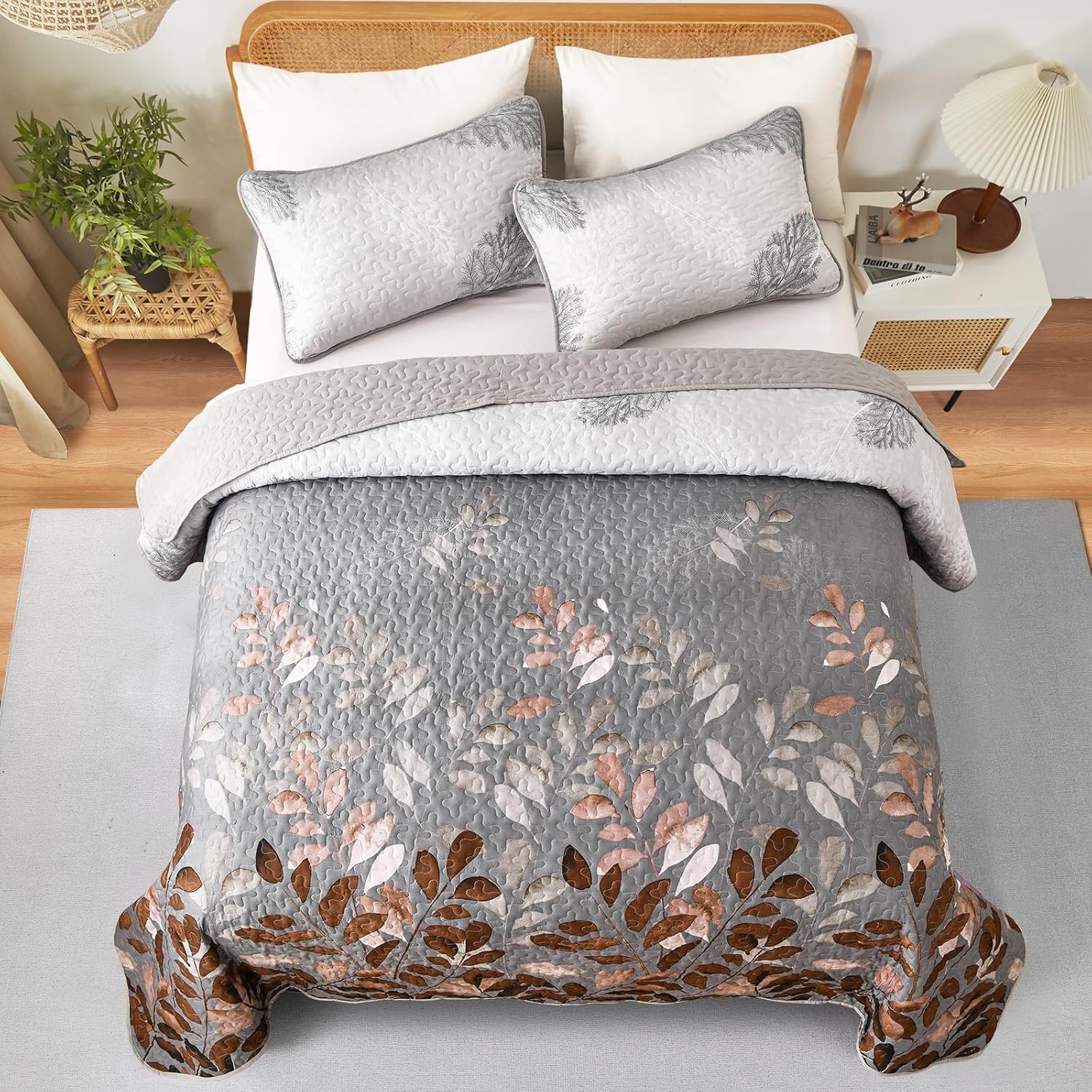 Gleaming rust grey Floral 3 Pc Bedspread & Pillow Cover Set with floral pattern on a queen bed in bedroom setting