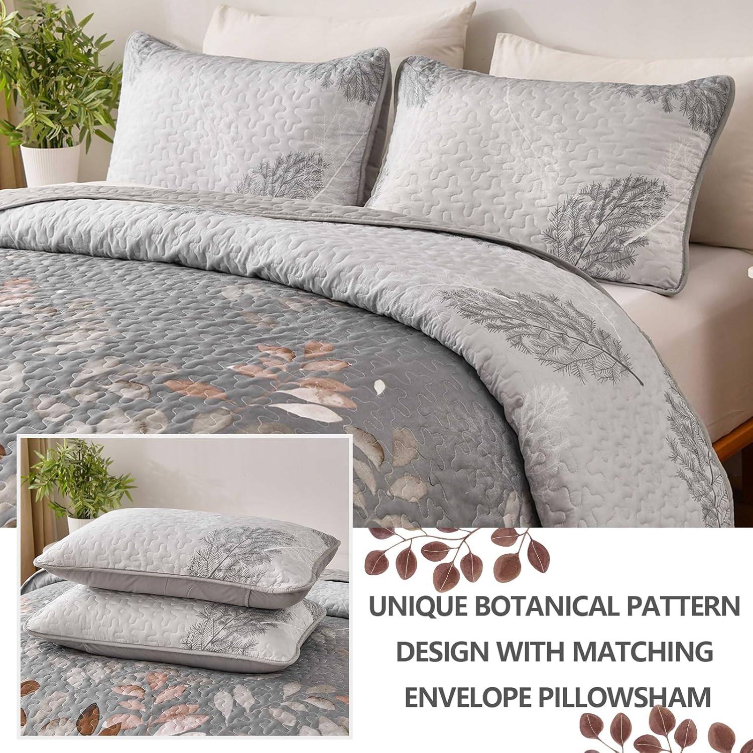 Gleaming rust grey Floral 3 Pc Bedspread & Pillow Cover Set with botanical pattern and matching pillowshams on bed by Bedzy