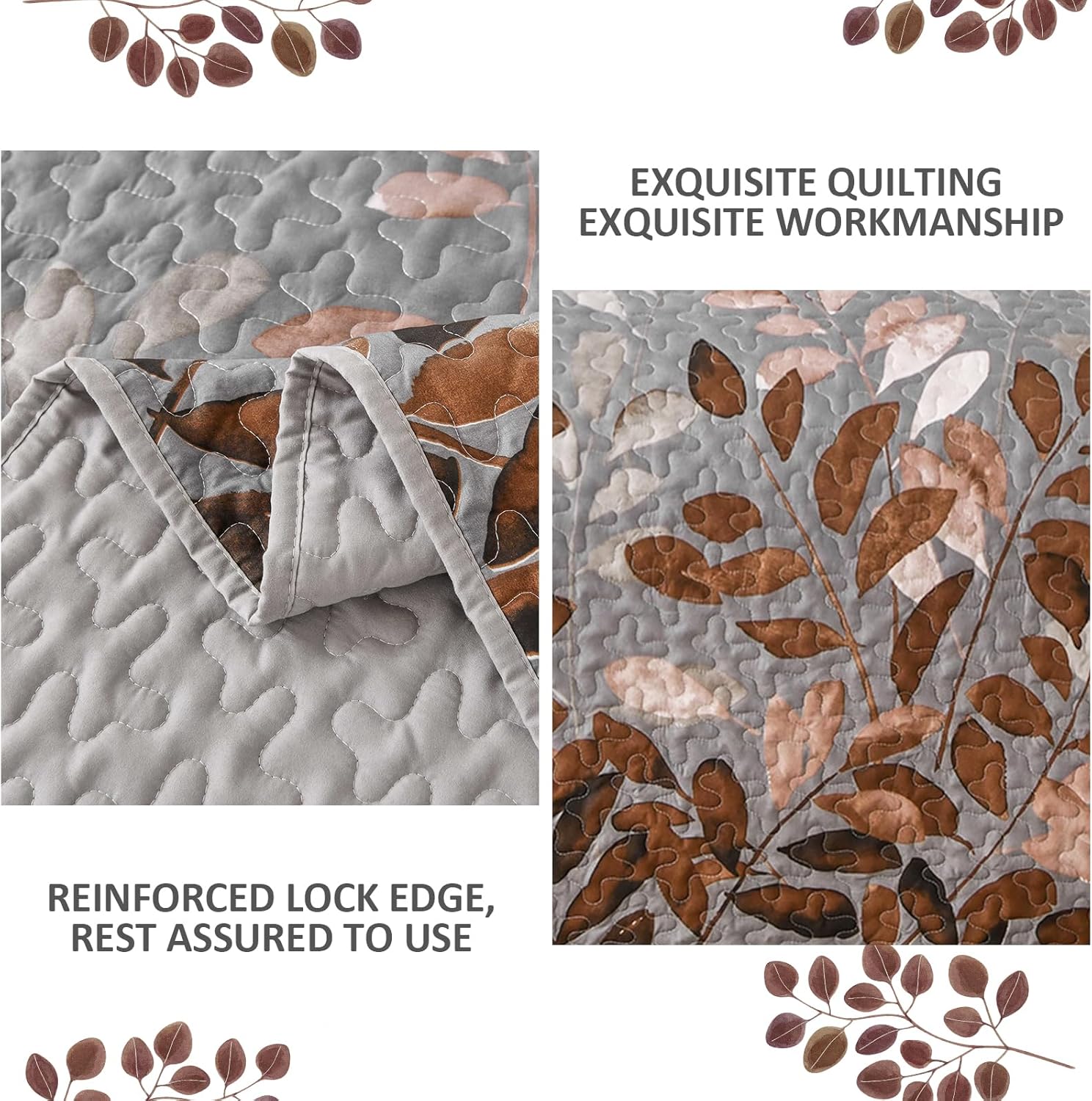 Close-up of Gleaming rust grey Floral 3 Pc Bedspread & Pillow Cover Set showing quilted stitching and floral pattern details