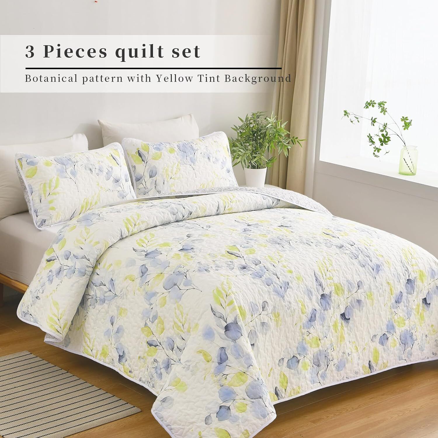 Regal Orchid Bloom 3 Pc Bedspread & Pillow Cover Set with botanical pattern on yellow tint background in bedroom setting