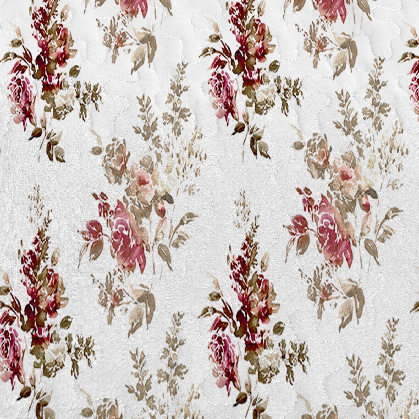 Crimson Dahlia Garden Plush 3 Pc Bedspread & Pillow Cover Set with floral pattern in crimson and beige tones on white fabric