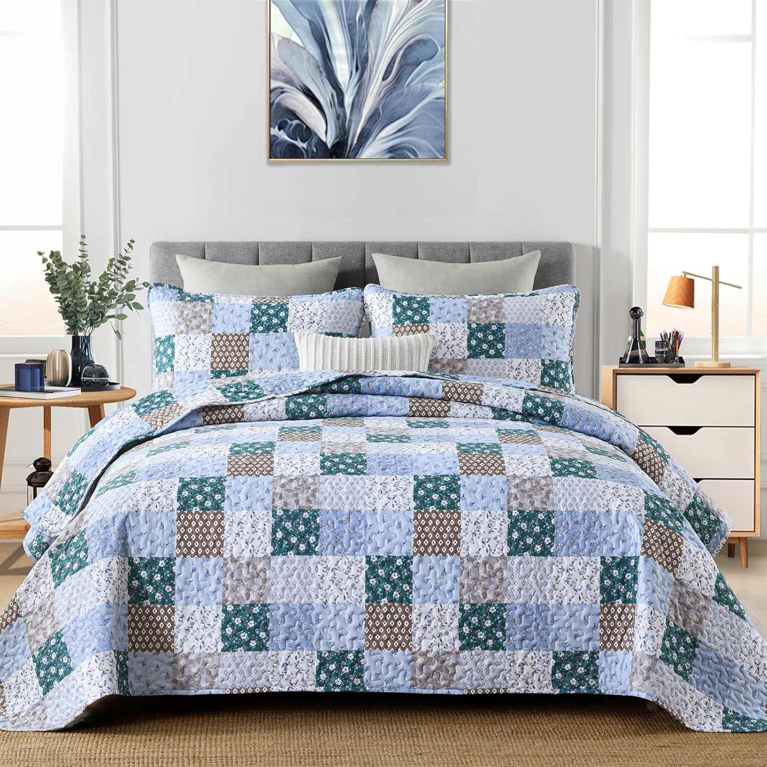 Frosted Blue Hydrangea Elegant 3 Pc Bedspread & Pillow Cover Set on queen bed with gray headboard in styled bedroom