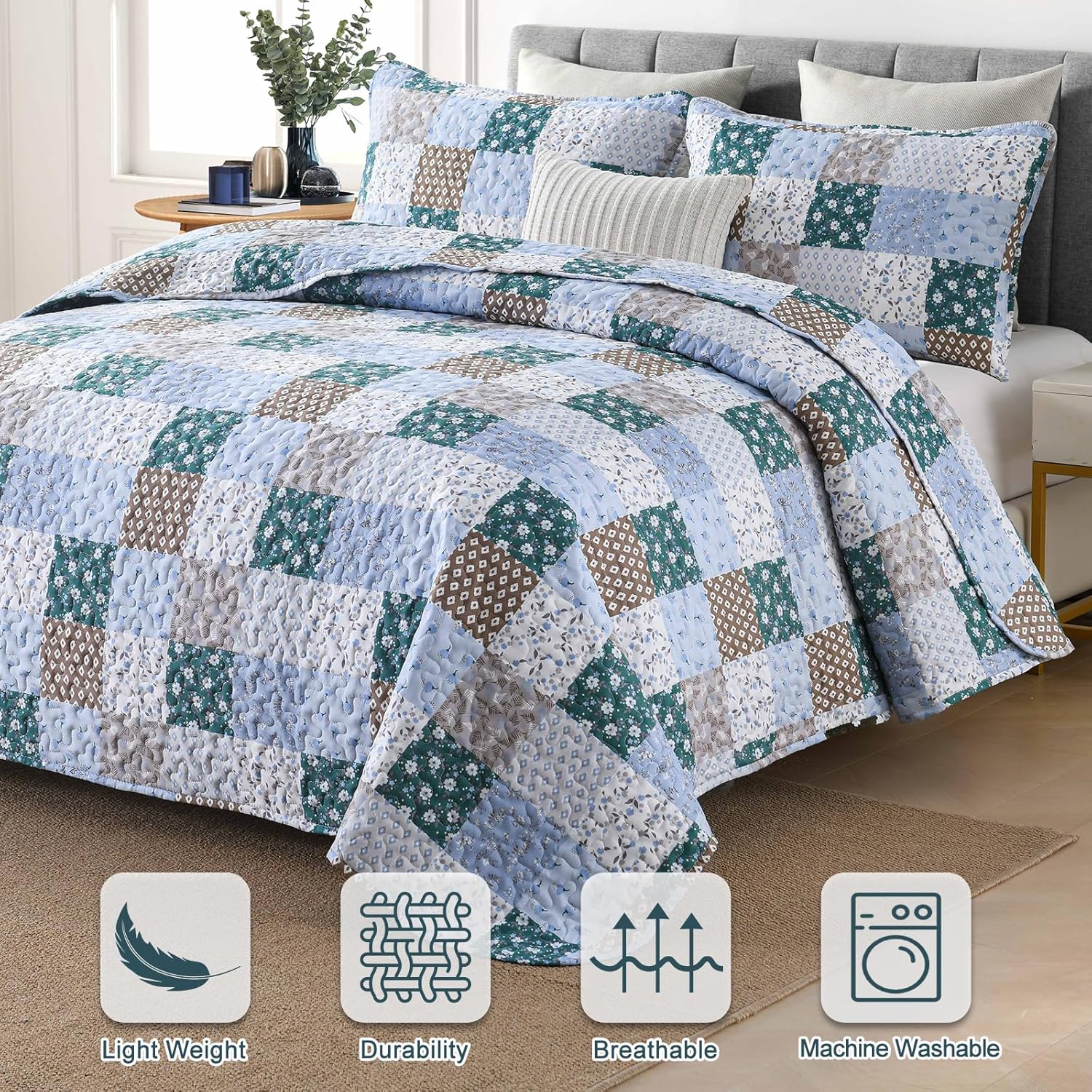 Frosted Blue Hydrangea Elegant 3 Pc Bedspread & Pillow Cover Set on bed with gray headboard in bedroom setting