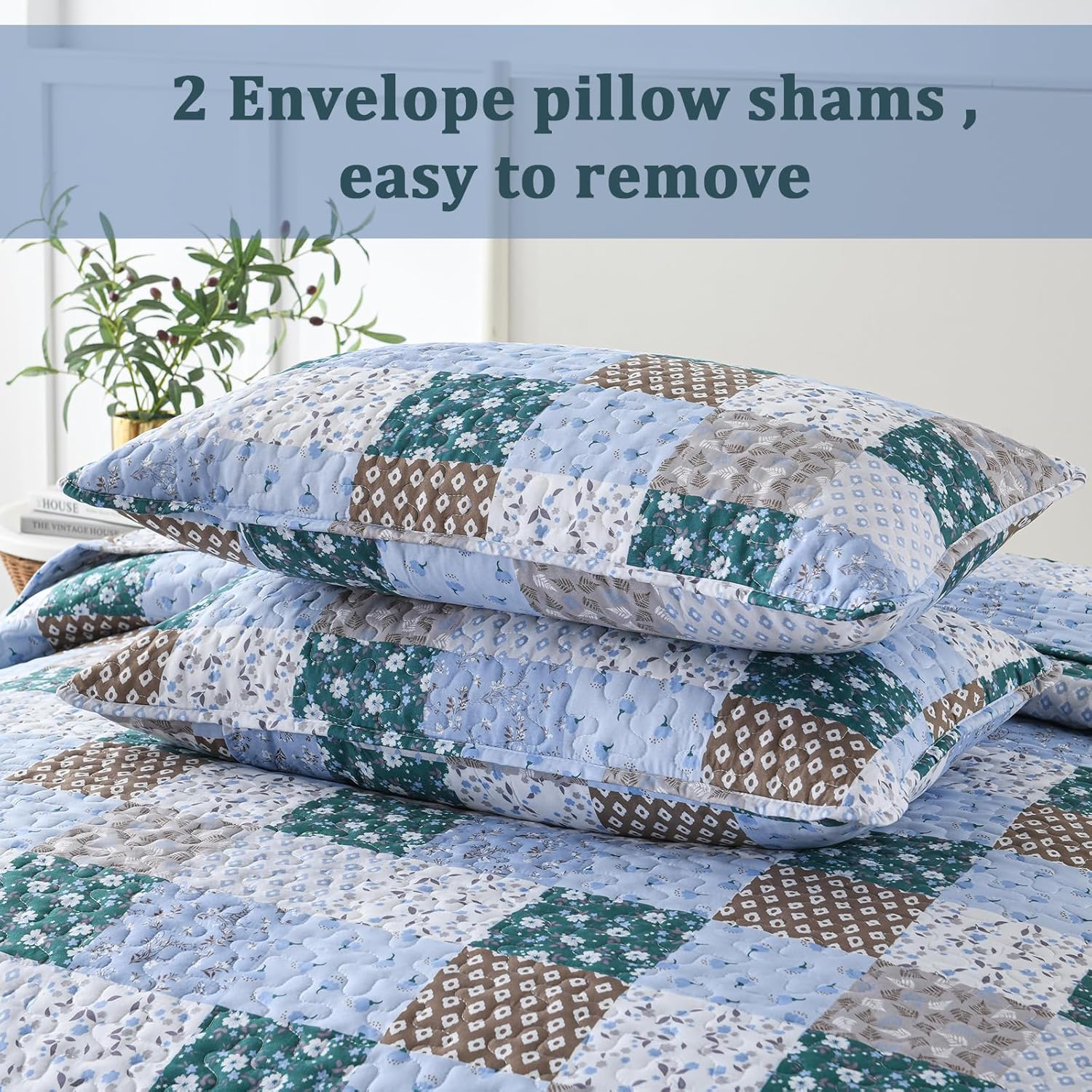 Frosted Blue Hydrangea Elegant 3 Pc Bedspread & Pillow Cover Set with quilted patchwork pattern and two removable envelope pillow shams