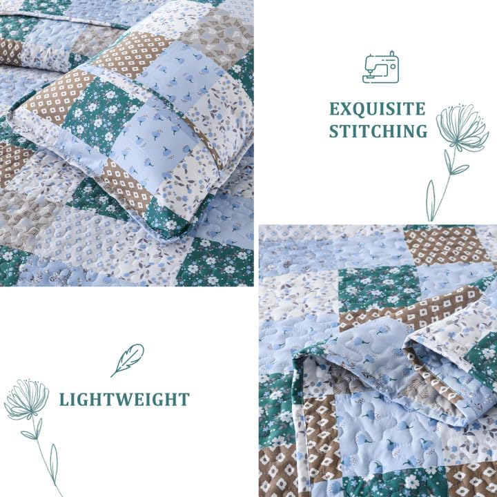 Frosted Blue Hydrangea Elegant 3 Pc Bedspread & Pillow Cover Set with quilted patchwork, lightweight design, and detailed stitching