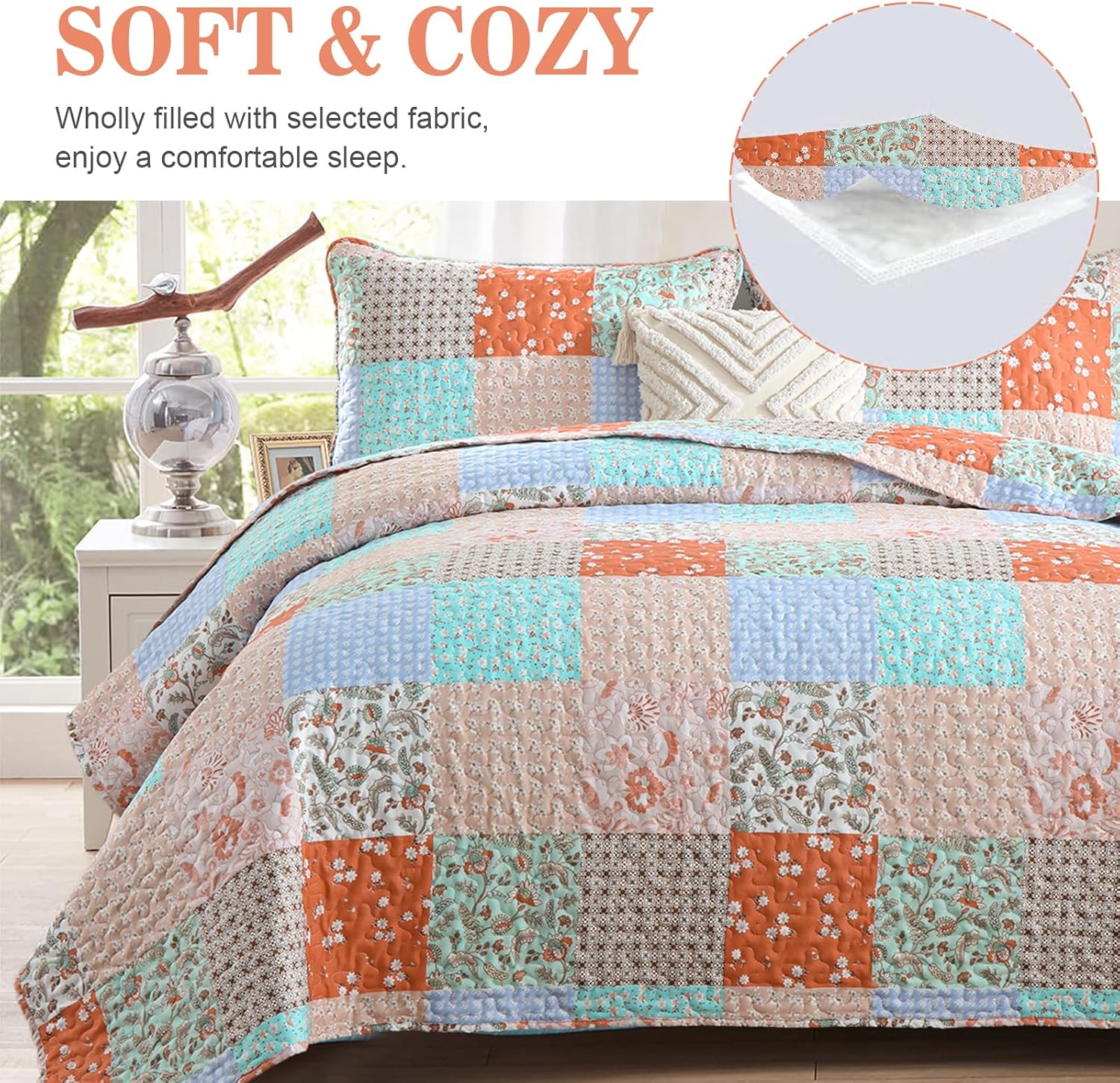 Delicate Lace Blossom Soft 3 Pc Bedspread & Pillow Cover Set with patchwork design on bed in bright bedroom setting