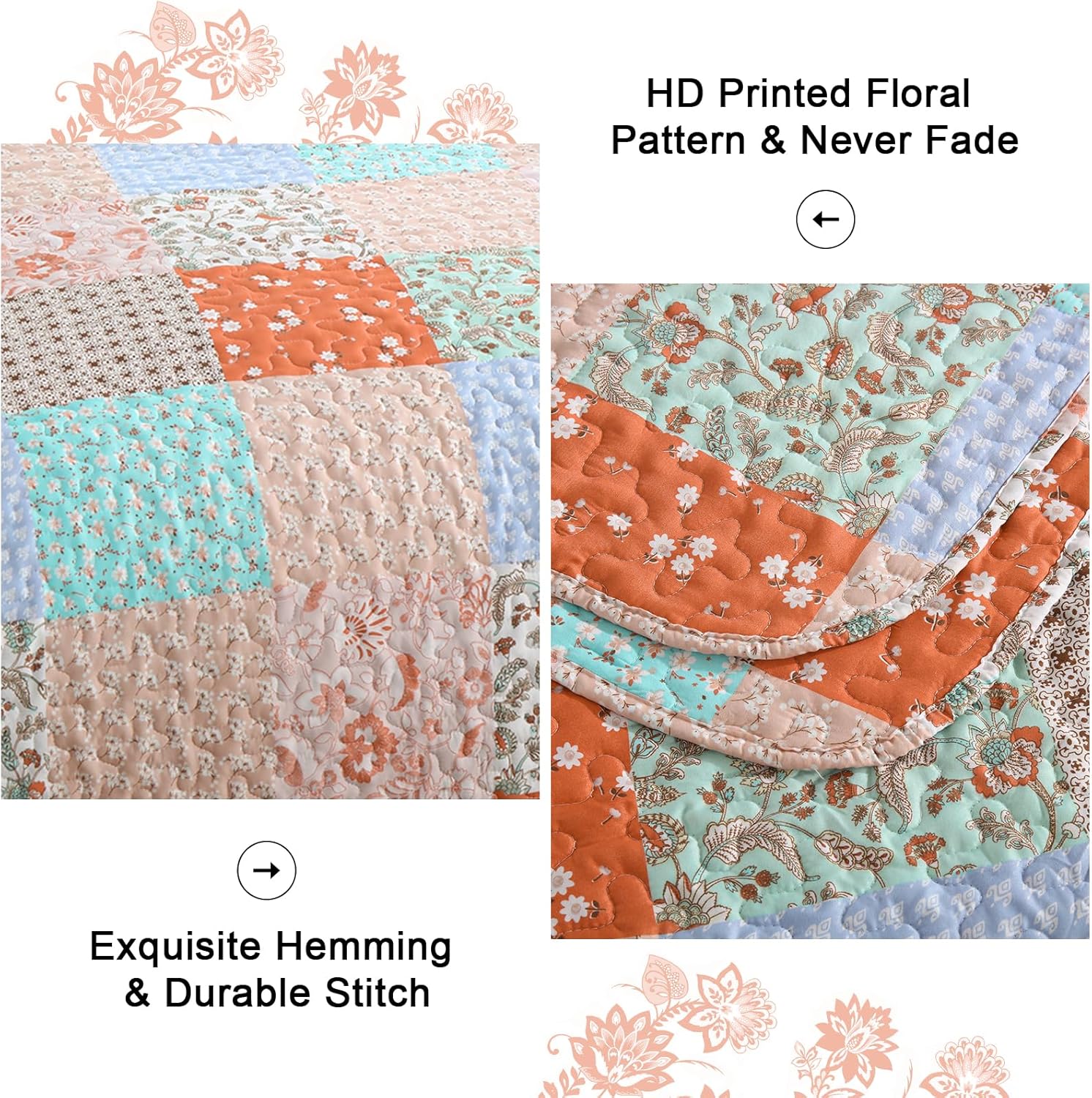 Delicate Lace Blossom Soft 3 Pc Bedspread & Pillow Cover Set with floral print, durable stitching, and intricate hemming detail