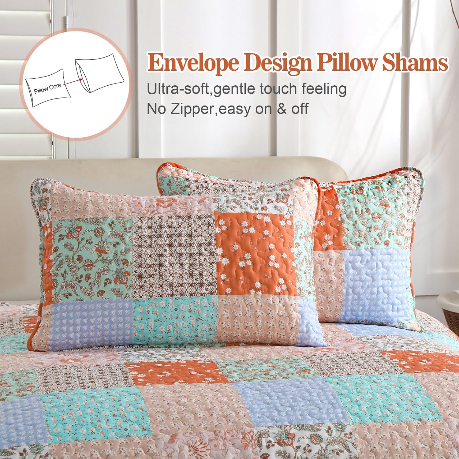 Delicate Lace Blossom Soft 3 Pc Bedspread & Pillow Cover Set with envelope design pillow shams in patchwork floral pattern