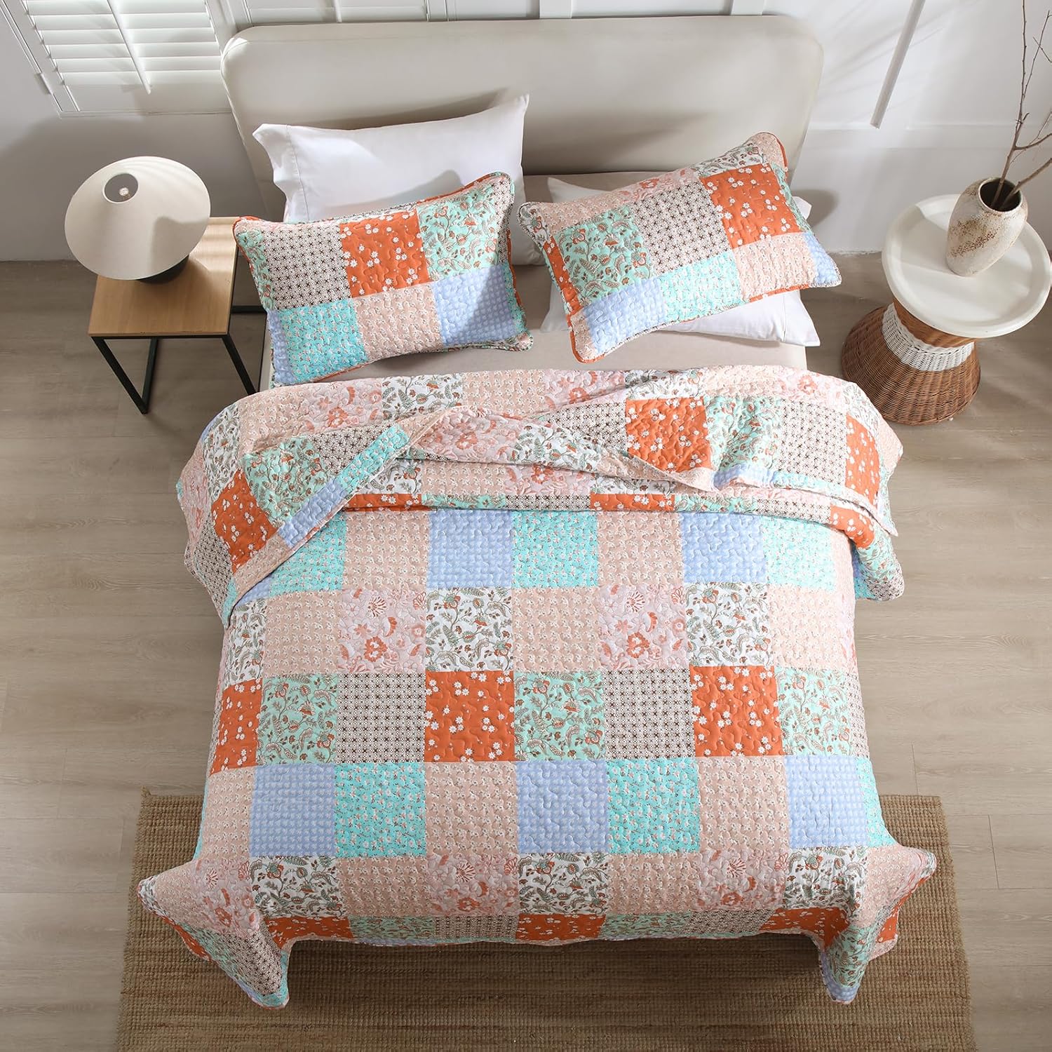 Delicate Lace Blossom Soft 3 Pc Bedspread & Pillow Cover Set with pastel patchwork design on queen bed in modern bedroom