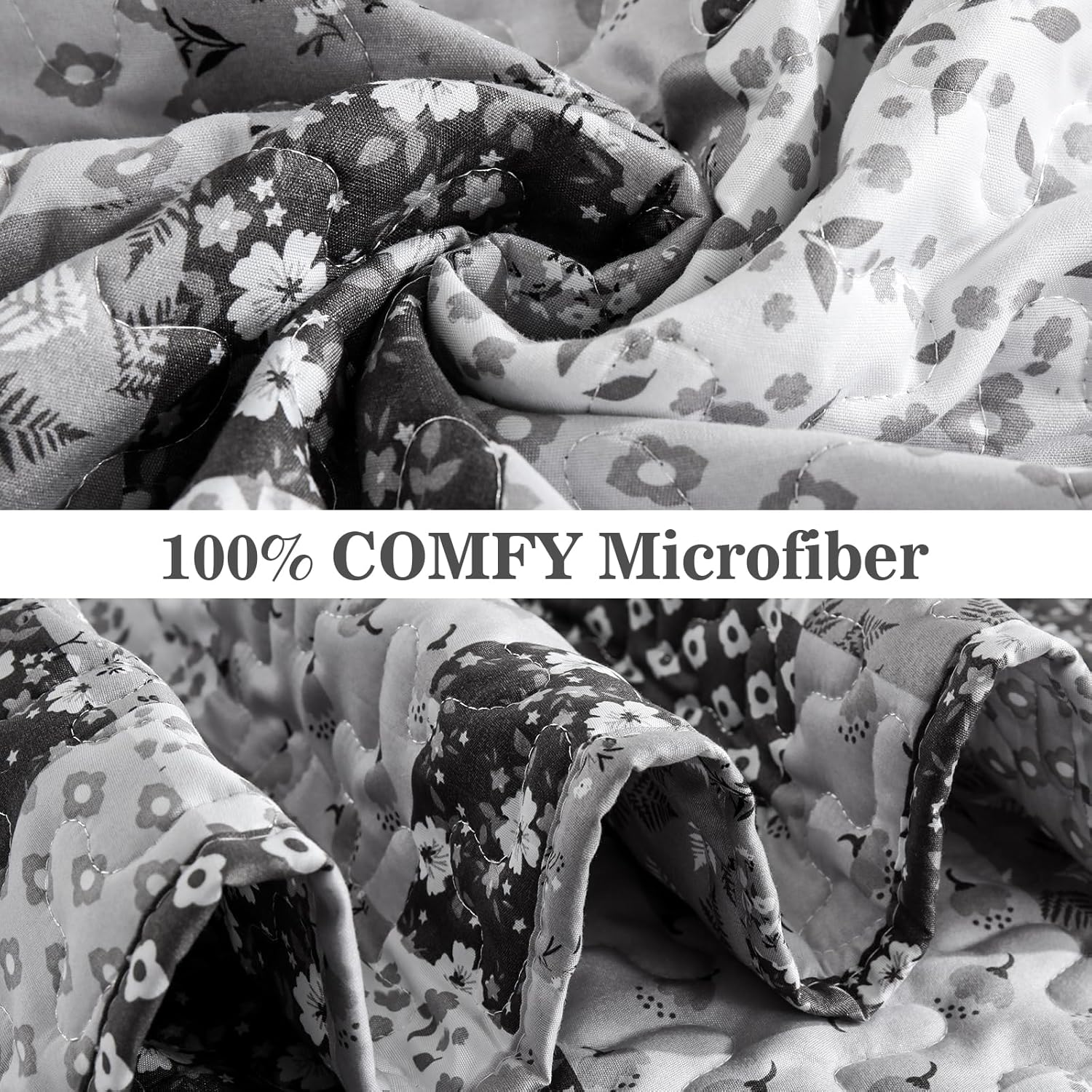 Close-up of Autumn patchwork B/W Pattern 3 Pc Bedspread & Pillow Cover Set made of soft, lightweight microfiber fabric.