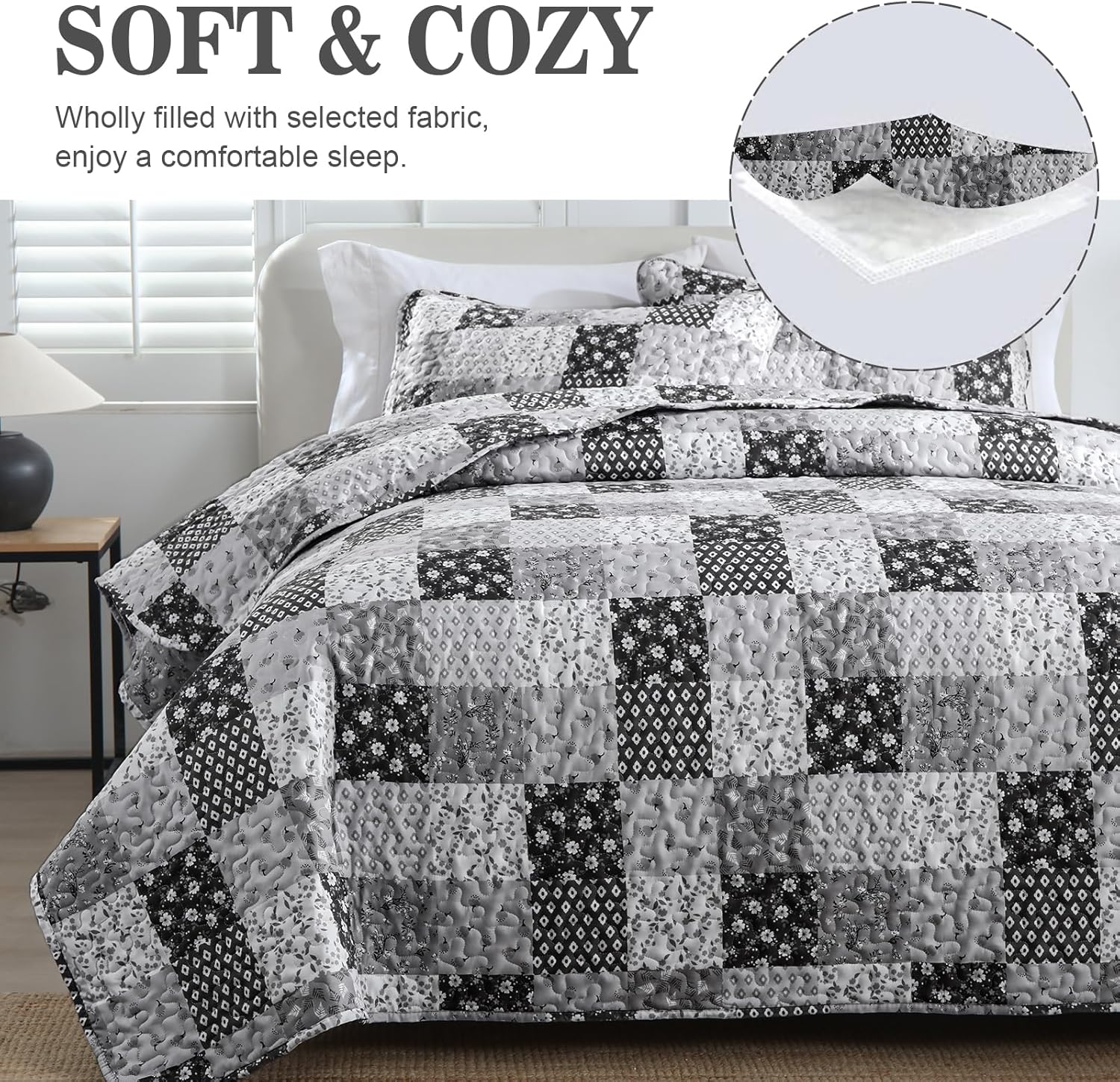 Autumn patchwork B/W Pattern 3 Pc Bedspread & Pillow Cover Set on bed with soft texture in cozy bedroom setting