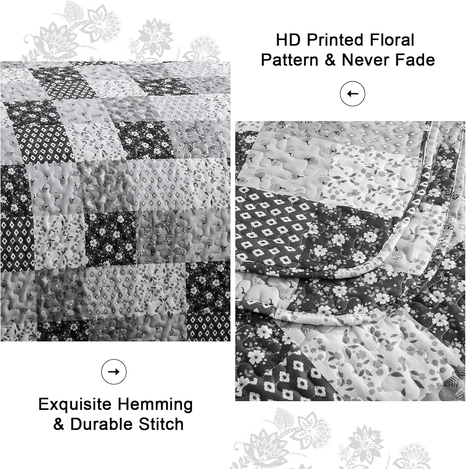 Autumn patchwork B/W Pattern 3 Pc Bedspread & Pillow Cover Set with floral print, durable stitching, and quilted texture