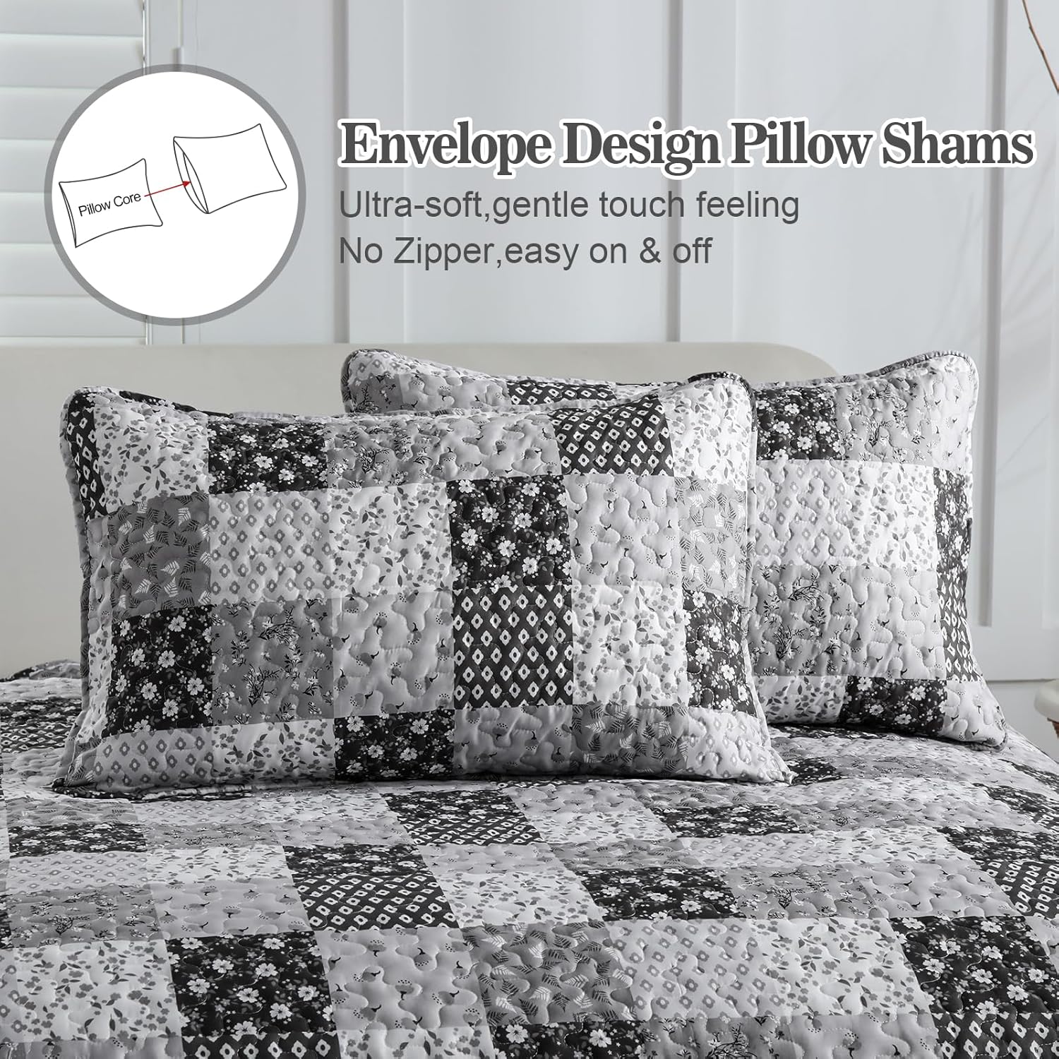 Autumn patchwork B/W Pattern 3 Pc Bedspread & Pillow Cover Set with envelope design pillow shams on bedzy bed background