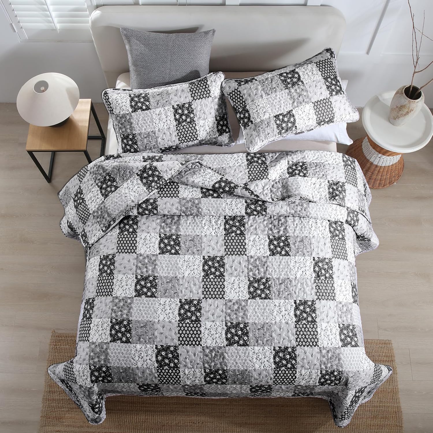 Autumn patchwork B/W Pattern 3 Pc Bedspread & Pillow Cover Set on queen bed with bedside tables and modern decor
