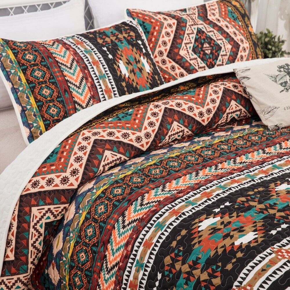 Wow elegent Sunset Daisy 3 Pc Bedspread & Pillow Cover Set with vibrant geometric patterns on bed in bedroom setting