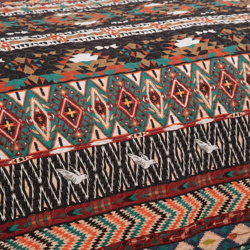 Close-up of Wow elegent Sunset Daisy 3 Pc Bedspread & Pillow Cover Set with colorful tribal and bird patterns