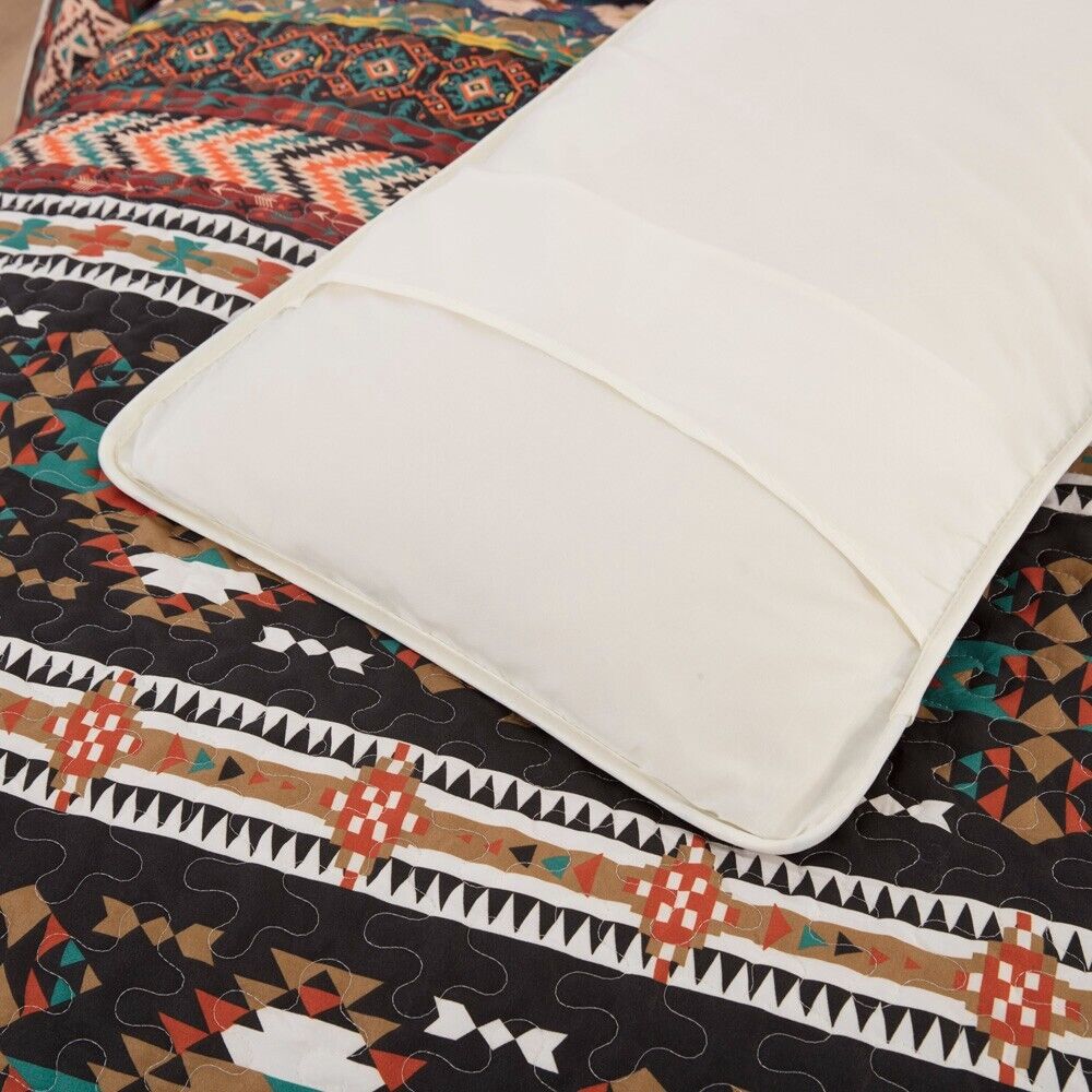 Wow elegent Sunset Daisy 3 Pc Bedspread & Pillow Cover Set with geometric pattern and cream pillow on bedzy bedroom furniture
