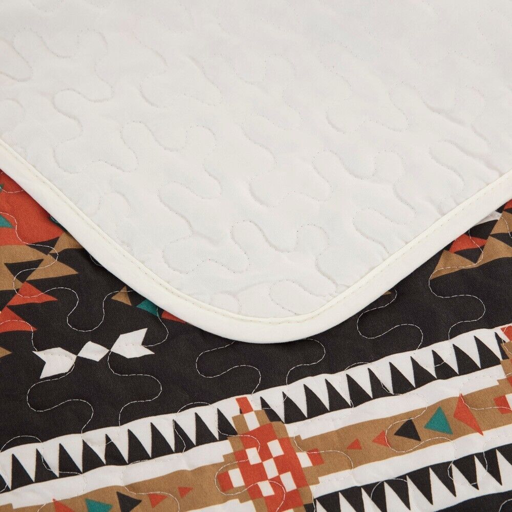 Wow elegent Sunset Daisy 3 Pc Bedspread & Pillow Cover Set with quilted white corner and patterned geometric design underneath