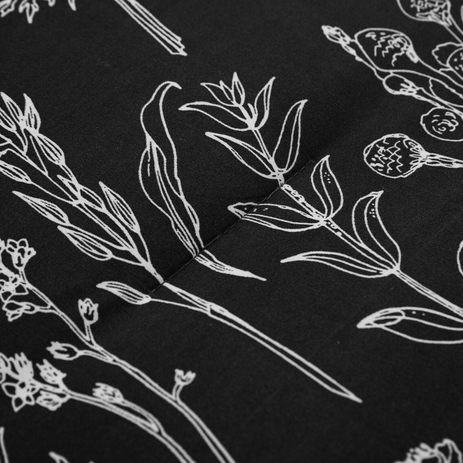 Floral Leaves Comforter Set, Queen Size, Microfiber Quilted Bedding with Pillowcase showing black fabric with white botanical prints close-up.