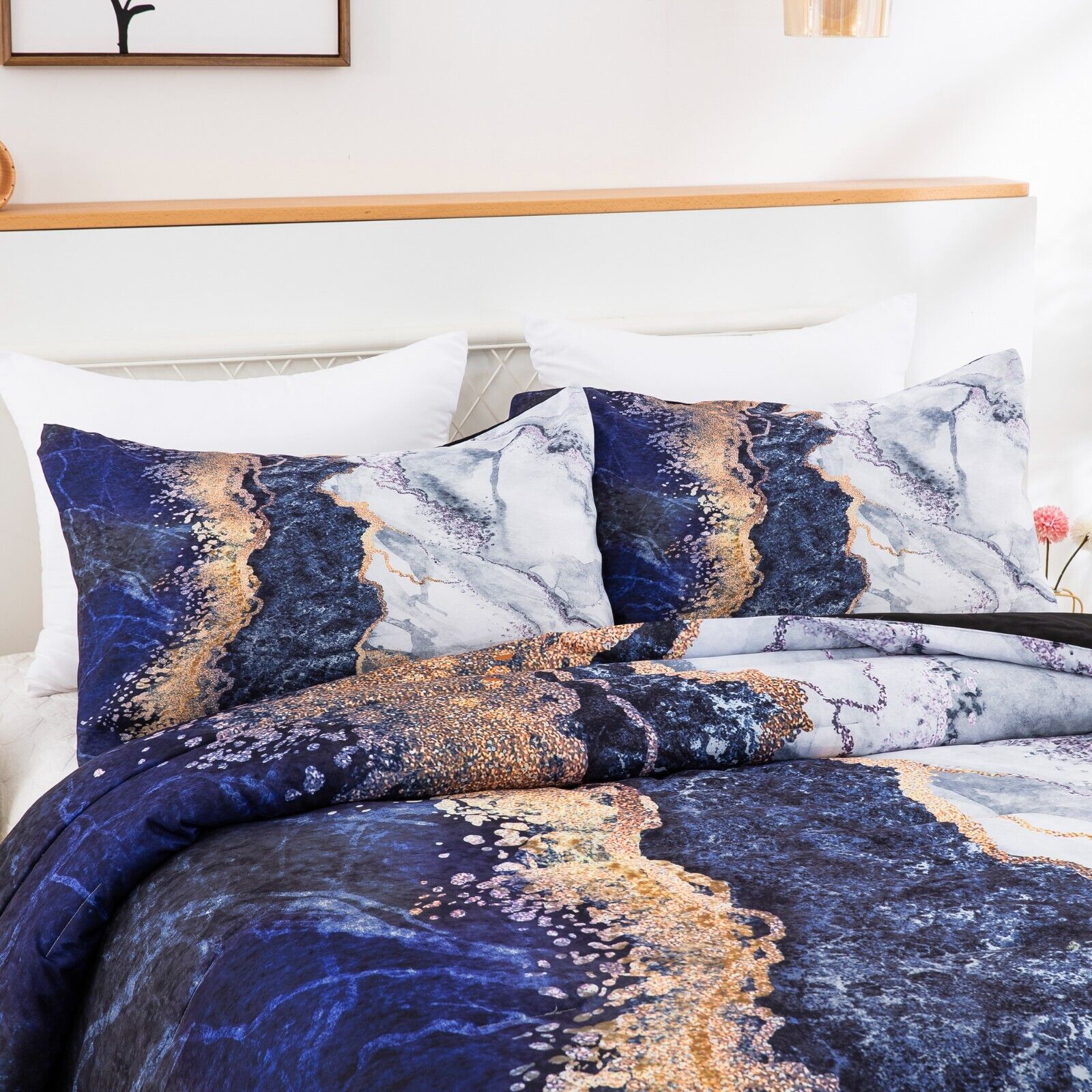 Blue Marble Comforter Set, King Size, Retro Watercolor 3-Piece Bedding Ensemble on white sheets in a bedroom setting