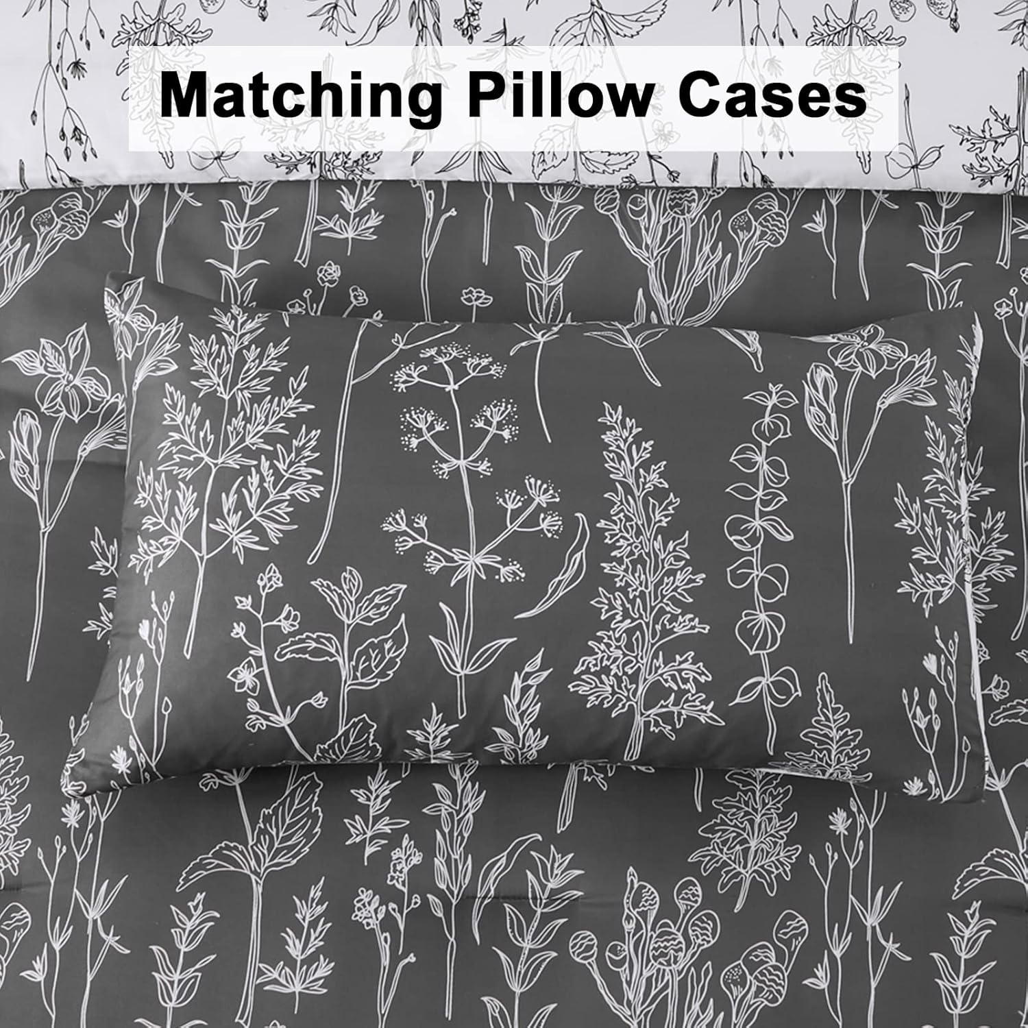 Floral Comforter Set, King Size, Black White Floral Pattern Reversible Bedding with matching pillowcases and botanical design