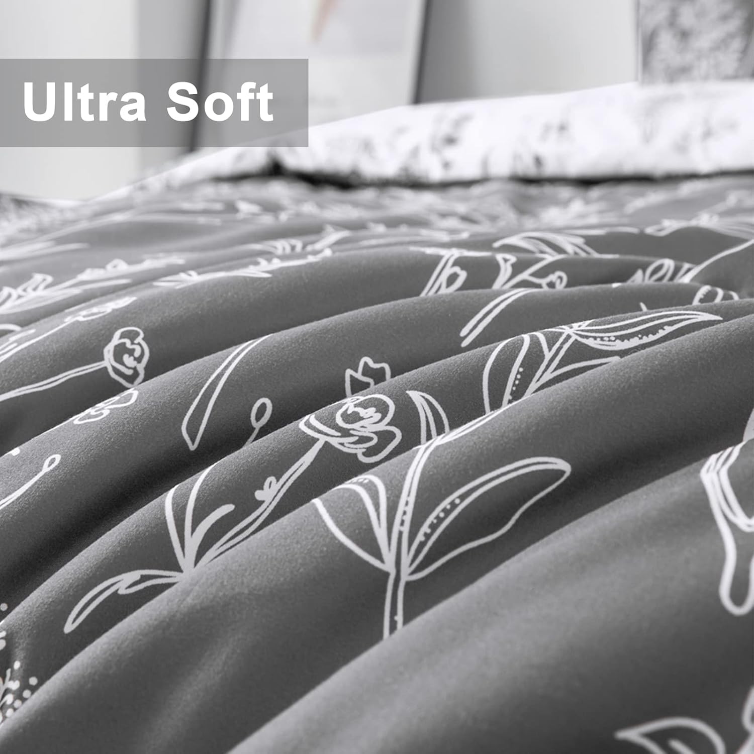 Floral Comforter Set, King Size, Black White Floral Pattern Reversible Bedding showing soft fabric texture with floral design