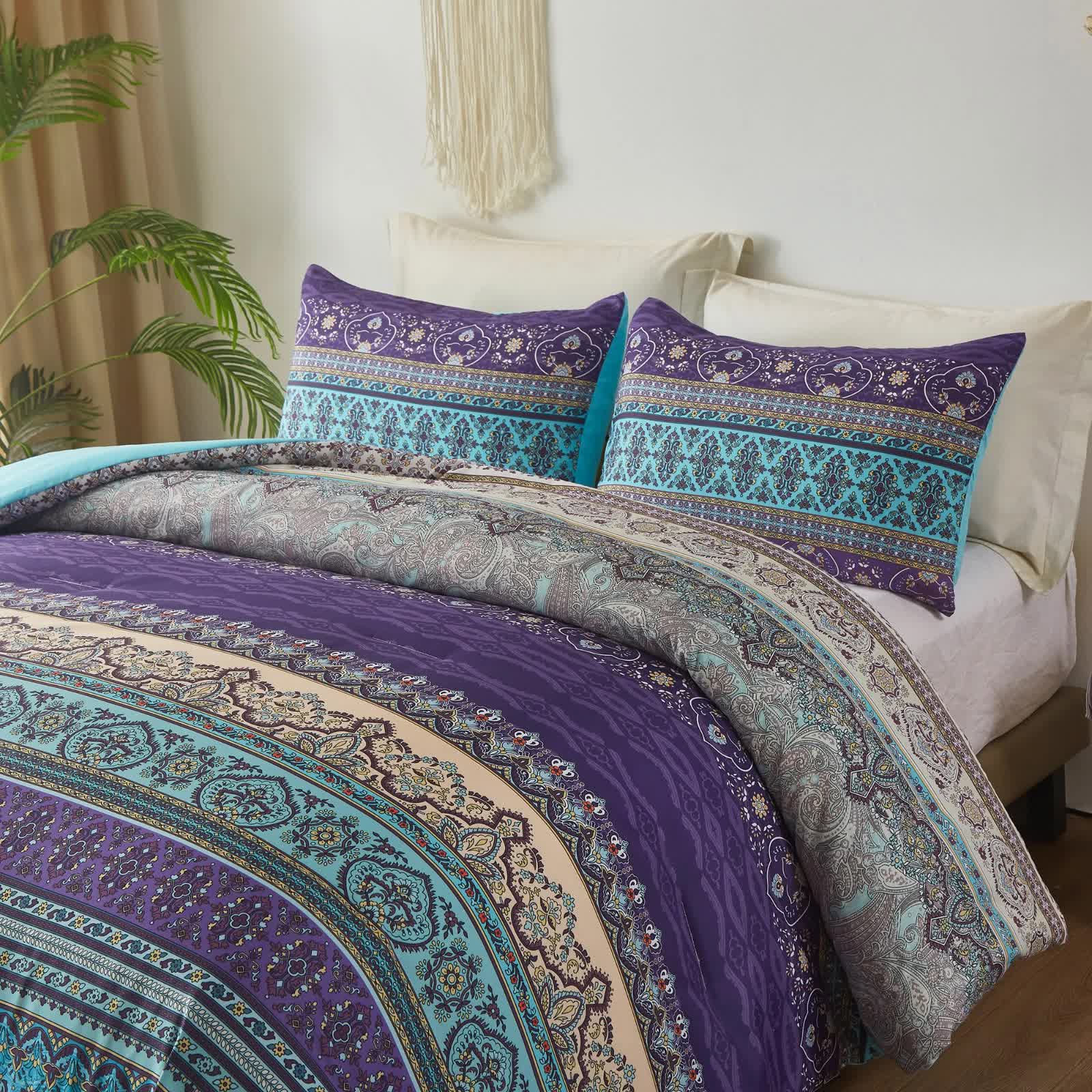 Boho Glow Teal Bedding – 3‑Piece Comforter Set for Relaxed Spaces with intricate teal and purple pattern on bed in bedroom setting