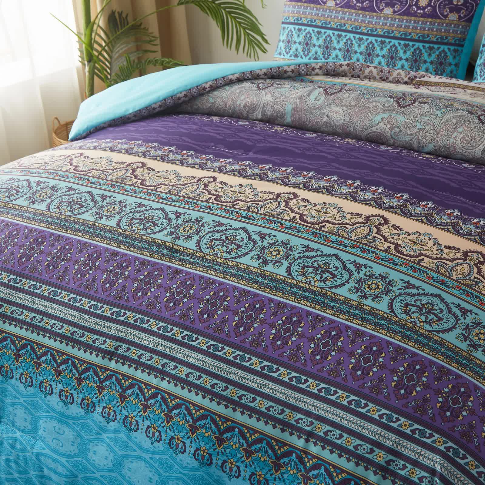Boho Glow Teal Bedding – 3‑Piece Comforter Set for Relaxed Spaces with intricate teal and purple patterns on a bed.