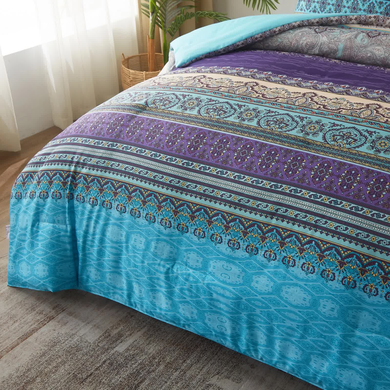 Boho Glow Teal Bedding – 3‑Piece Comforter Set for Relaxed Spaces with intricate teal and purple pattern on bedzy bedroom furniture