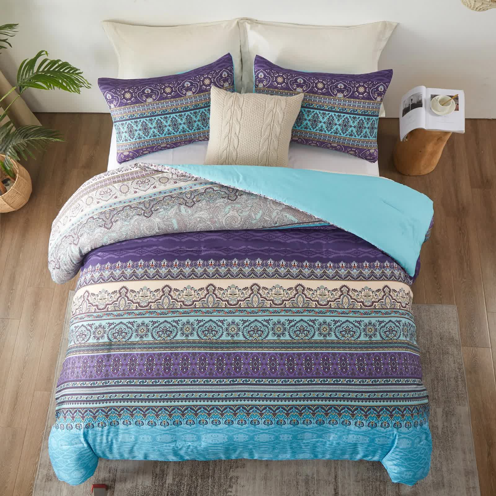 Boho Glow Teal Bedding – 3‑Piece Comforter Set for Relaxed Spaces with patterned teal and purple design on bed with pillows