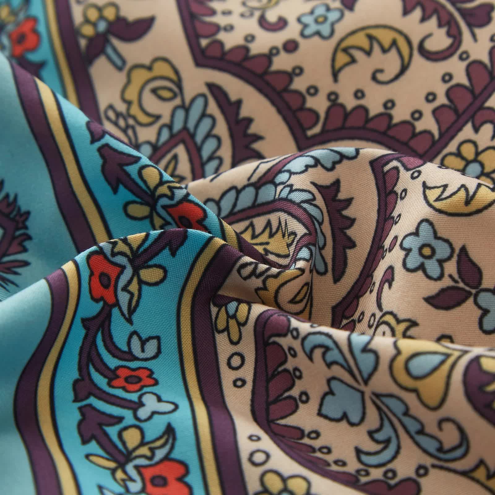 Close-up of patterned fabric in teal and beige tones from the Boho Glow Teal Bedding – 3‑Piece Comforter Set for Relaxed Spaces