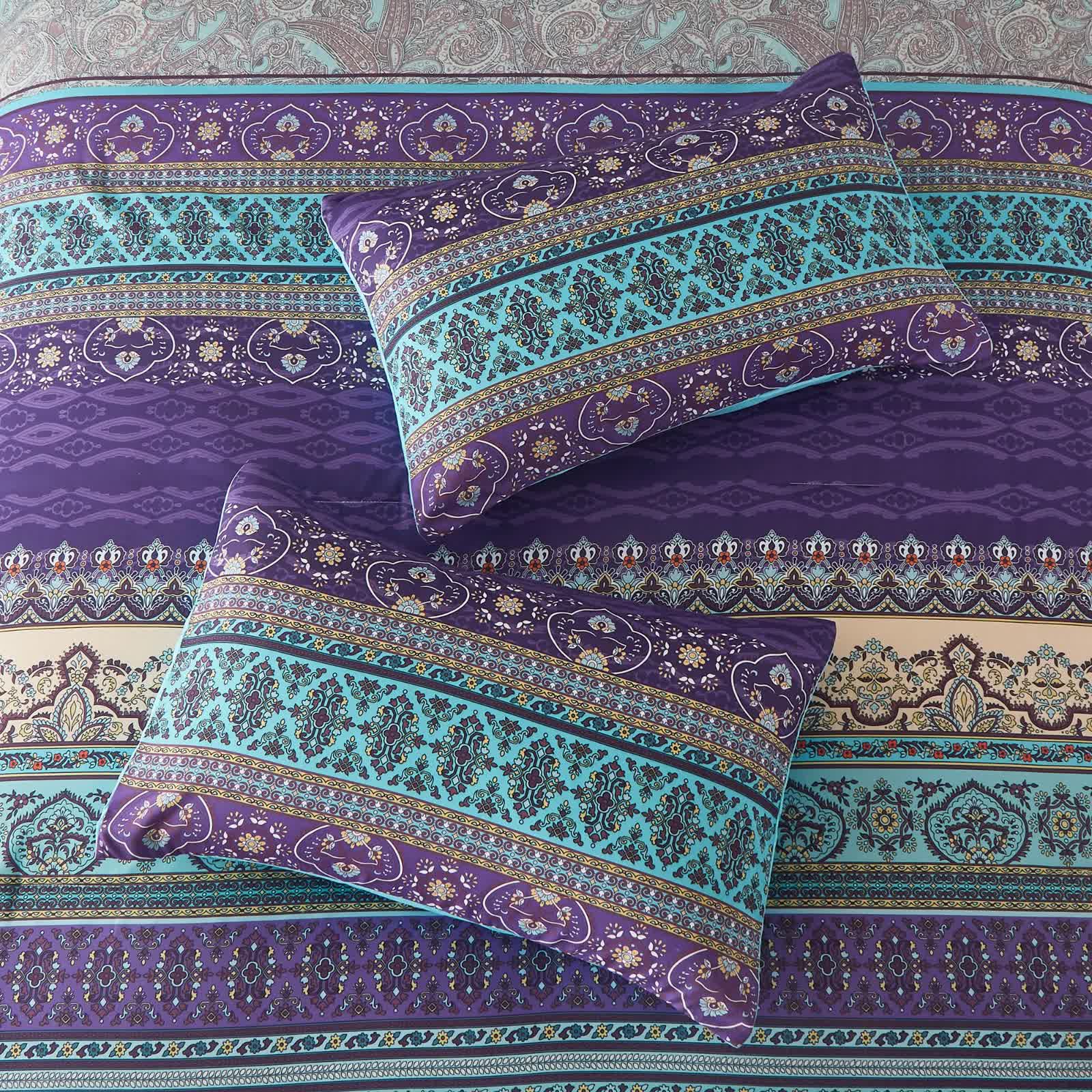 Boho Glow Teal Bedding – 3‑Piece Comforter Set for Relaxed Spaces with teal and purple patterned pillows and comforter