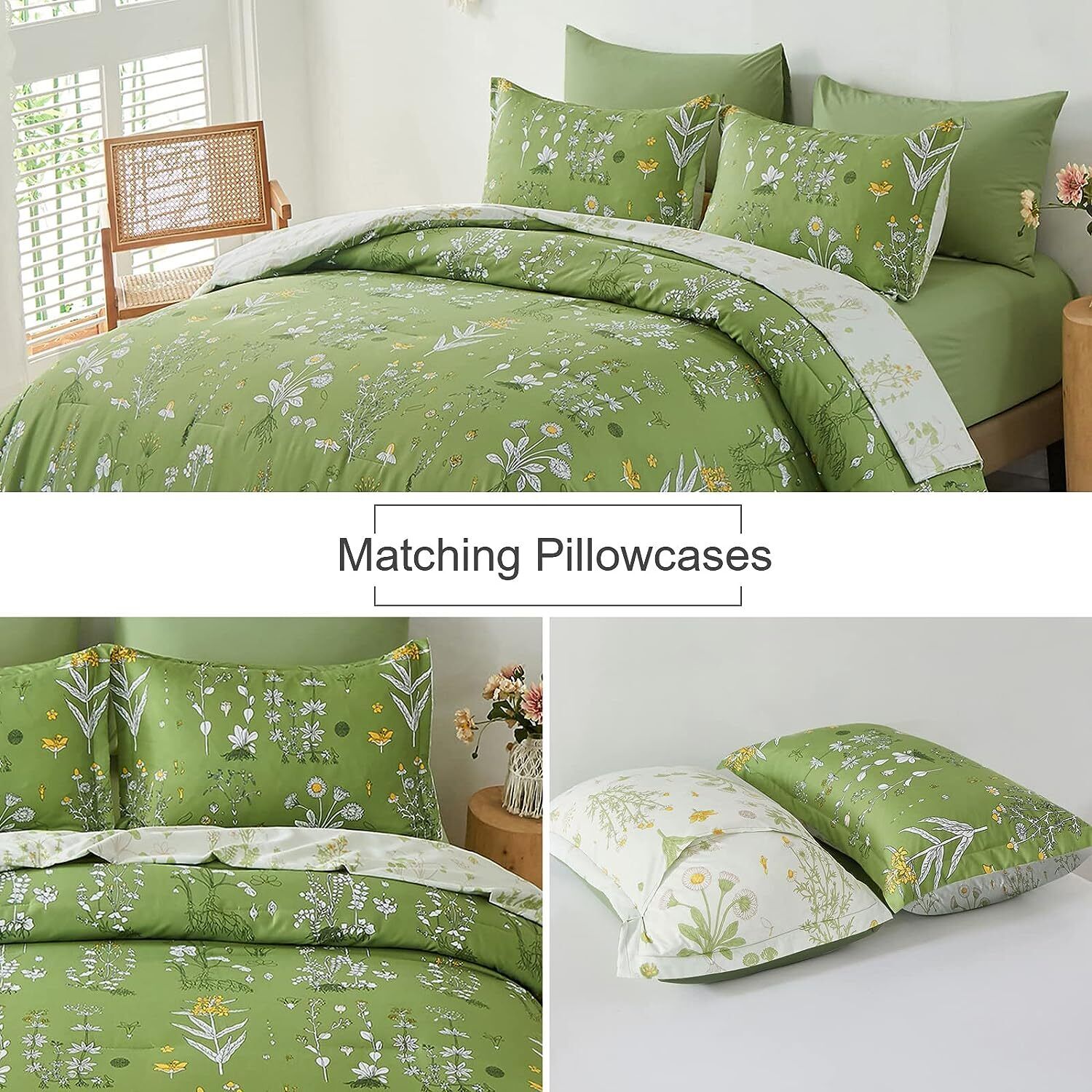 Vintage Delicate green bloom 3 Pc Comforter & Pillow Cover Set with floral pattern on bedzy bed in bedroom furniture setting
