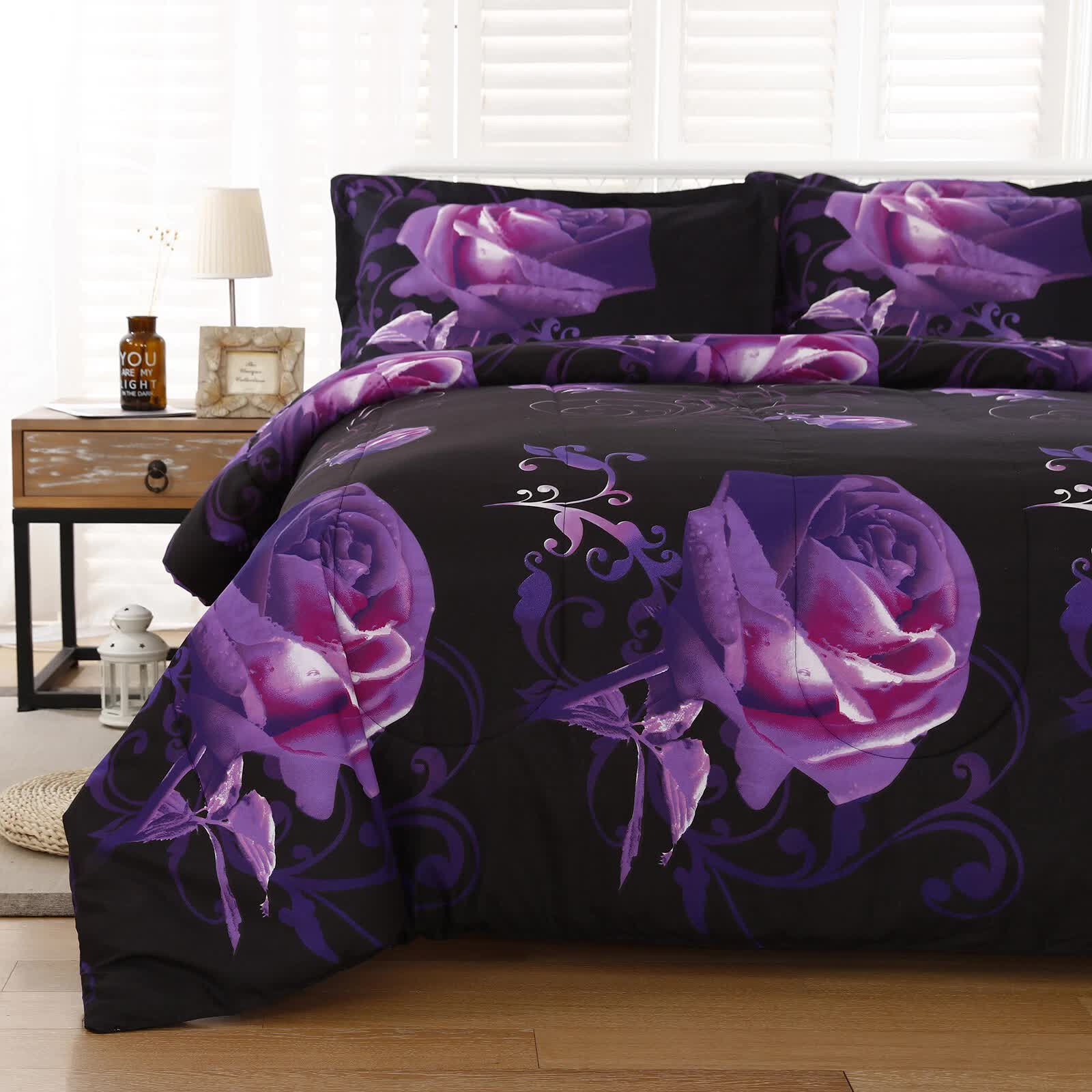 Rose Golden Hour Comforter Set – Aesthetic 3‑Piece Bedroom Mood with purple rose pattern on black bedding in stylish bedroom setting