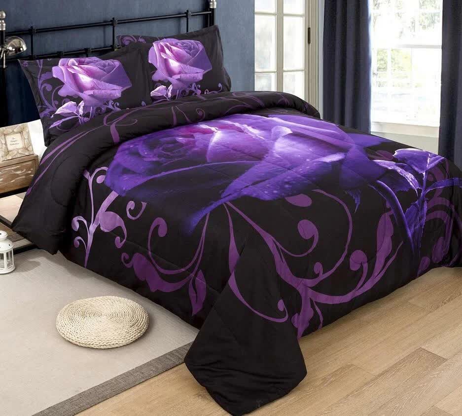Rose Golden Hour Comforter Set – Aesthetic 3‑Piece Bedroom Mood with purple rose design on black bedding in bedroom setting