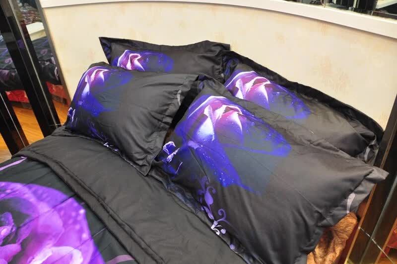 Rose Golden Hour Comforter Set – Aesthetic 3‑Piece Bedroom Mood with black and purple floral design on pillows and comforter