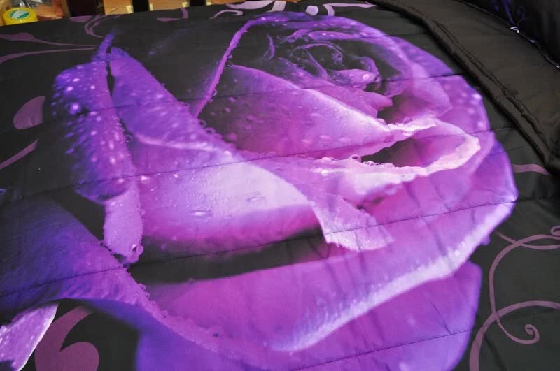 Rose Golden Hour Comforter Set – Aesthetic 3‑Piece Bedroom Mood with large purple rose print on black bedding