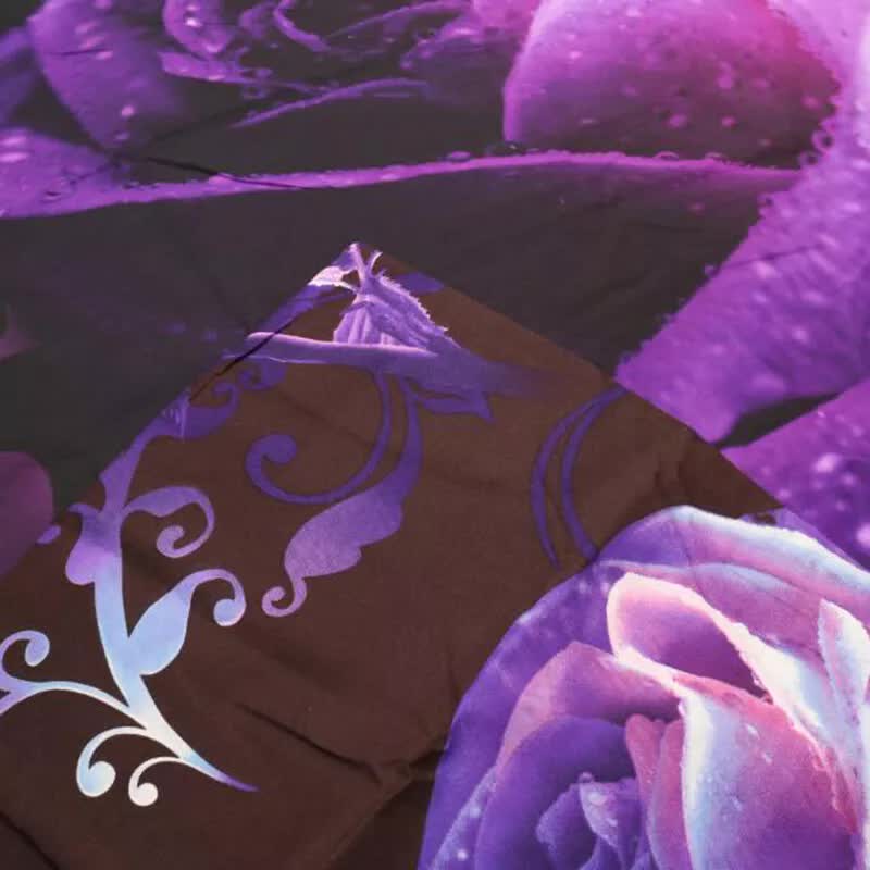 Rose Golden Hour Comforter Set – Aesthetic 3‑Piece Bedroom Mood with floral and scroll pattern bedding in purple tones.