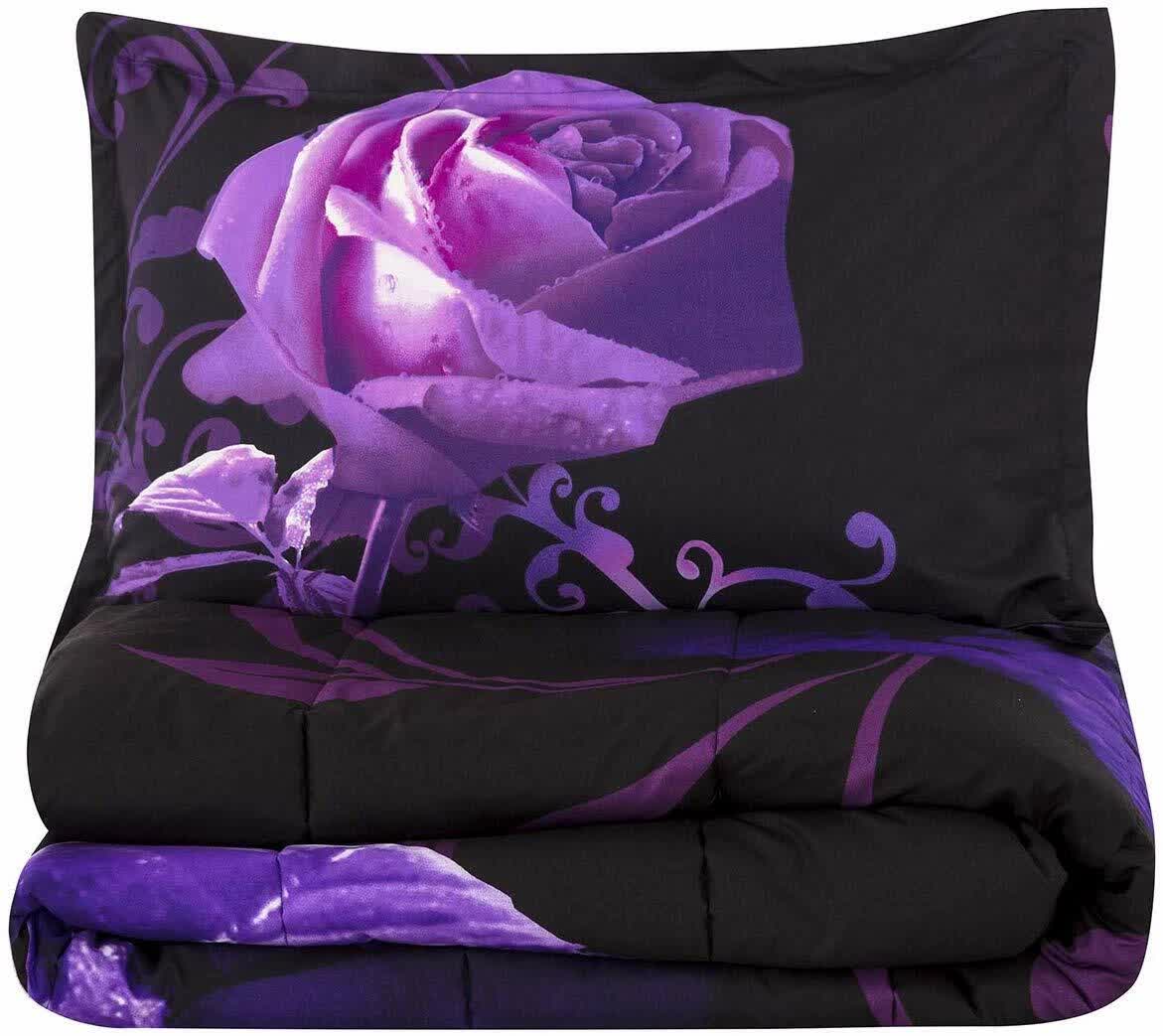 Rose Golden Hour Comforter Set – Aesthetic 3‑Piece Bedroom Mood with purple rose design on black fabric for bedroom bedding
