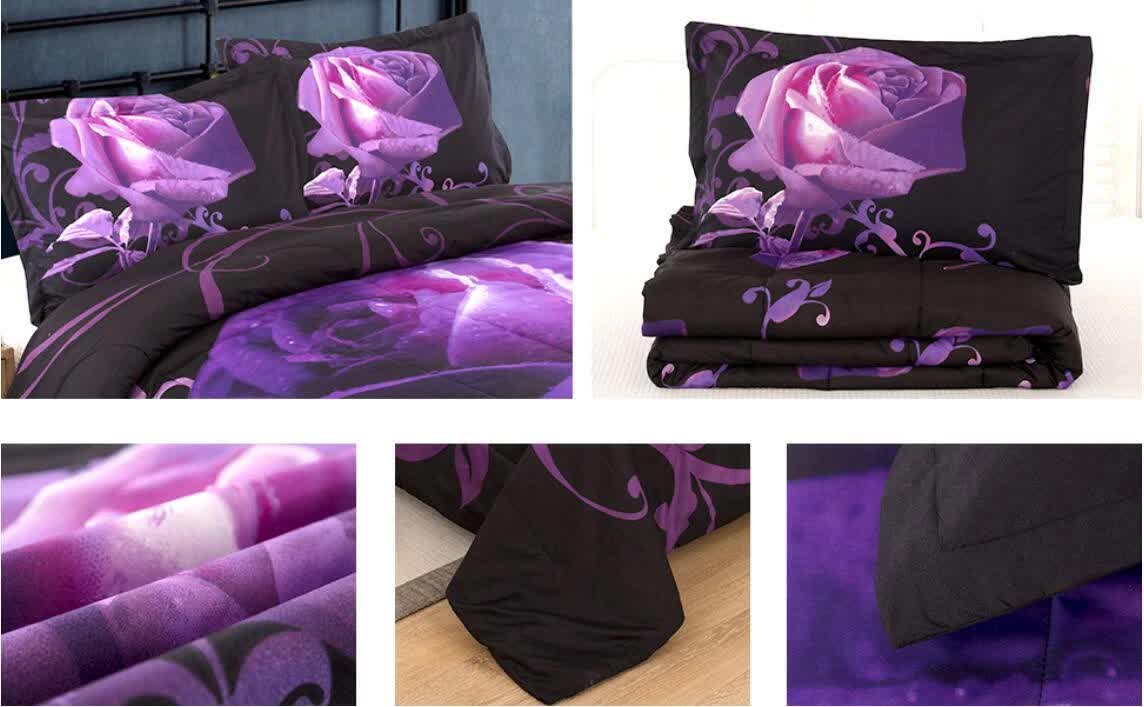 Rose Golden Hour Comforter Set – Aesthetic 3‑Piece Bedroom Mood with purple rose design on black bedding, shown on bed and folded