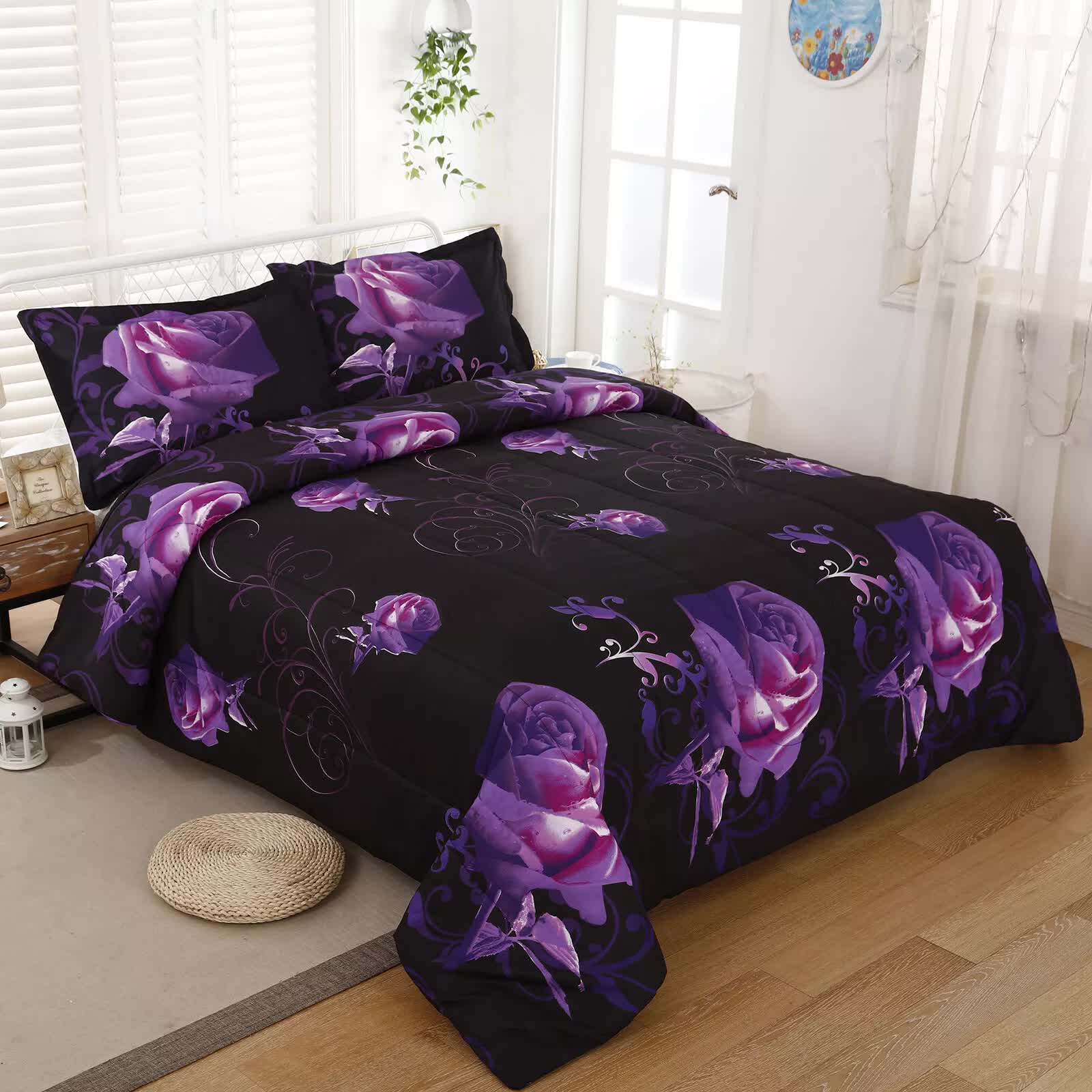 Rose Golden Hour Comforter Set – Aesthetic 3‑Piece Bedroom Mood with purple rose design on black bedding in a bright bedroom setting
