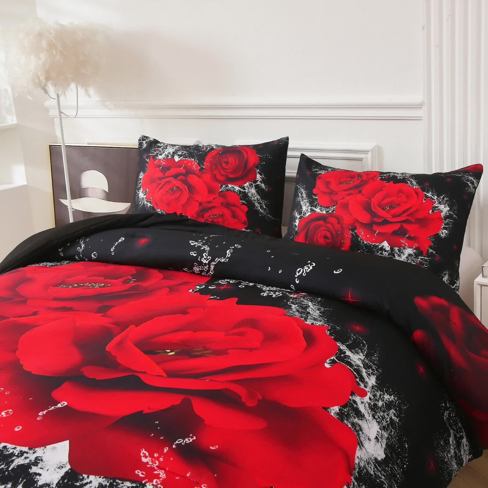 Chill Haven Red Rose 3‑Piece Comforter Bundle – Relax & Recharge Style with bold red rose print on black bedding set in bedroom