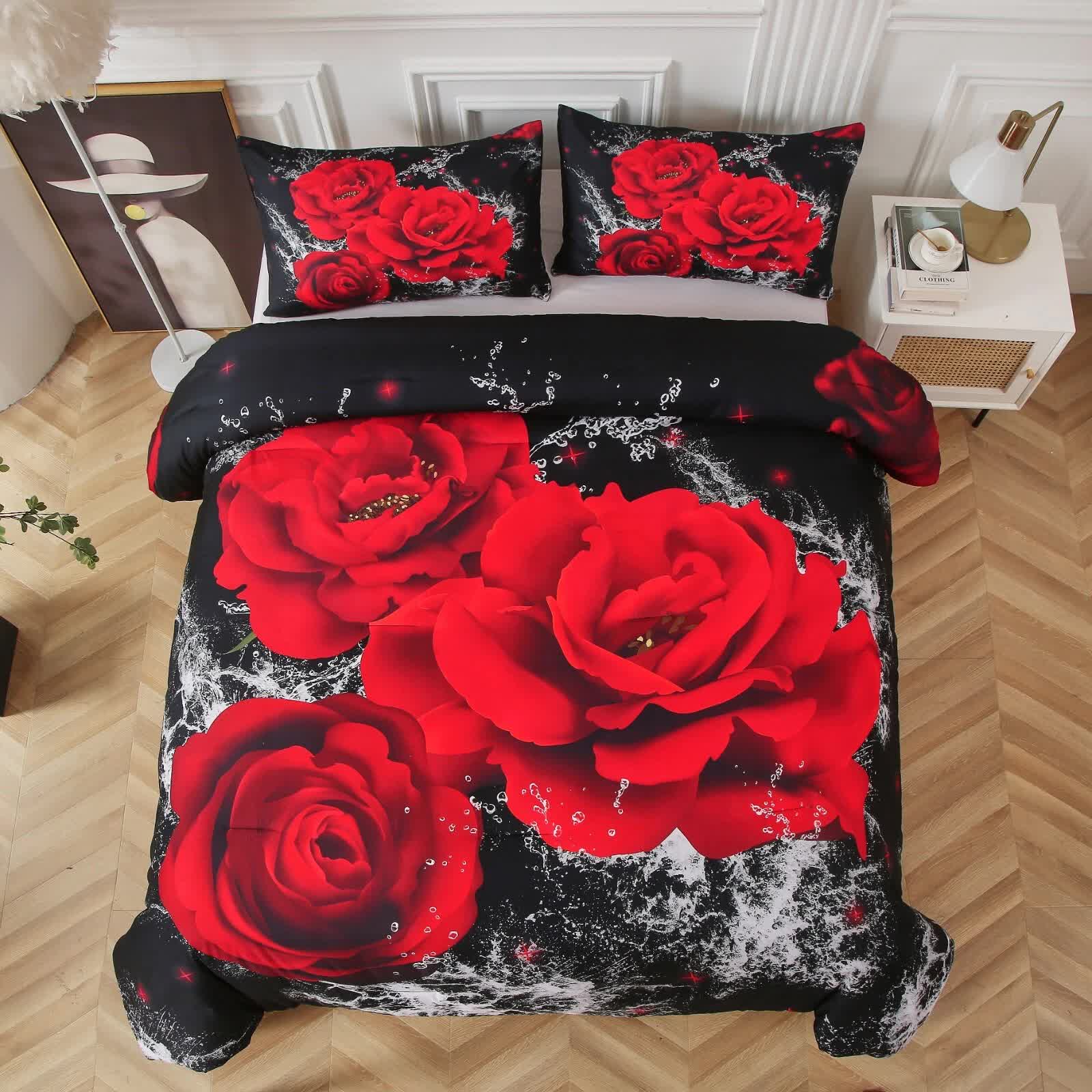 Chill Haven Red Rose 3‑Piece Comforter Bundle – Relax & Recharge Style with bold red roses on black bedding in a bedroom setting