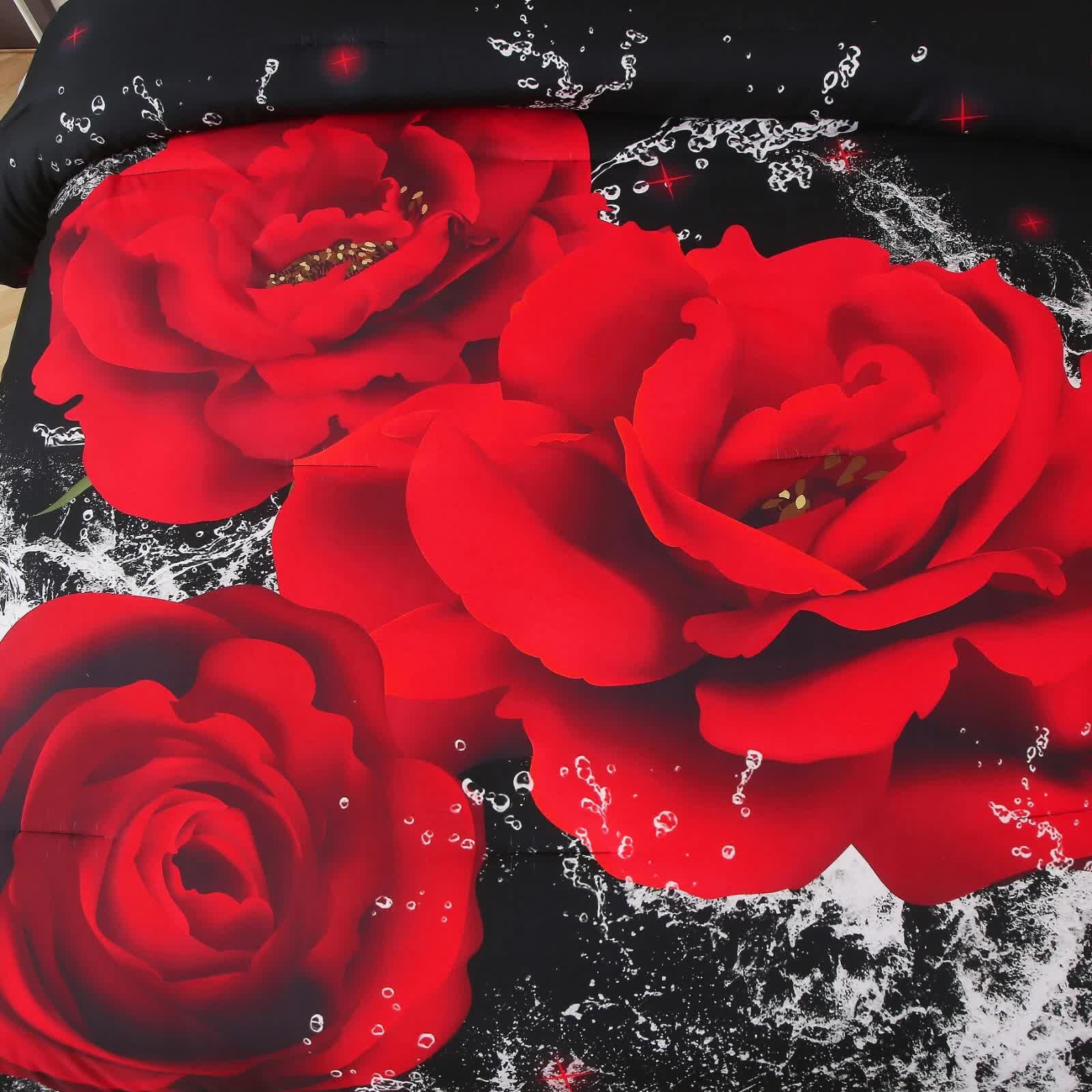 Chill Haven Red Rose 3‑Piece Comforter Bundle – Relax & Recharge Style with red rose print on black bedding background