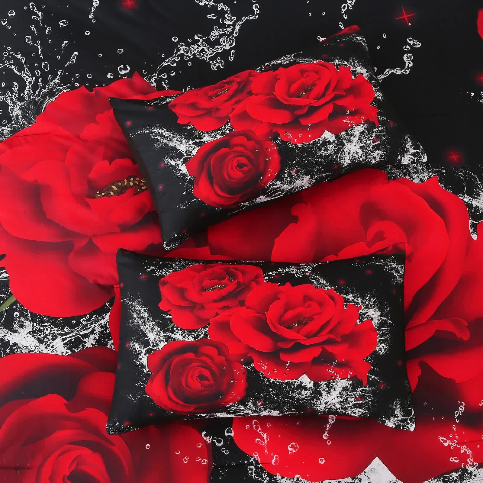 Chill Haven Red Rose 3‑Piece Comforter Bundle – Relax & Recharge Style with red rose print pillows and comforter in bedding set