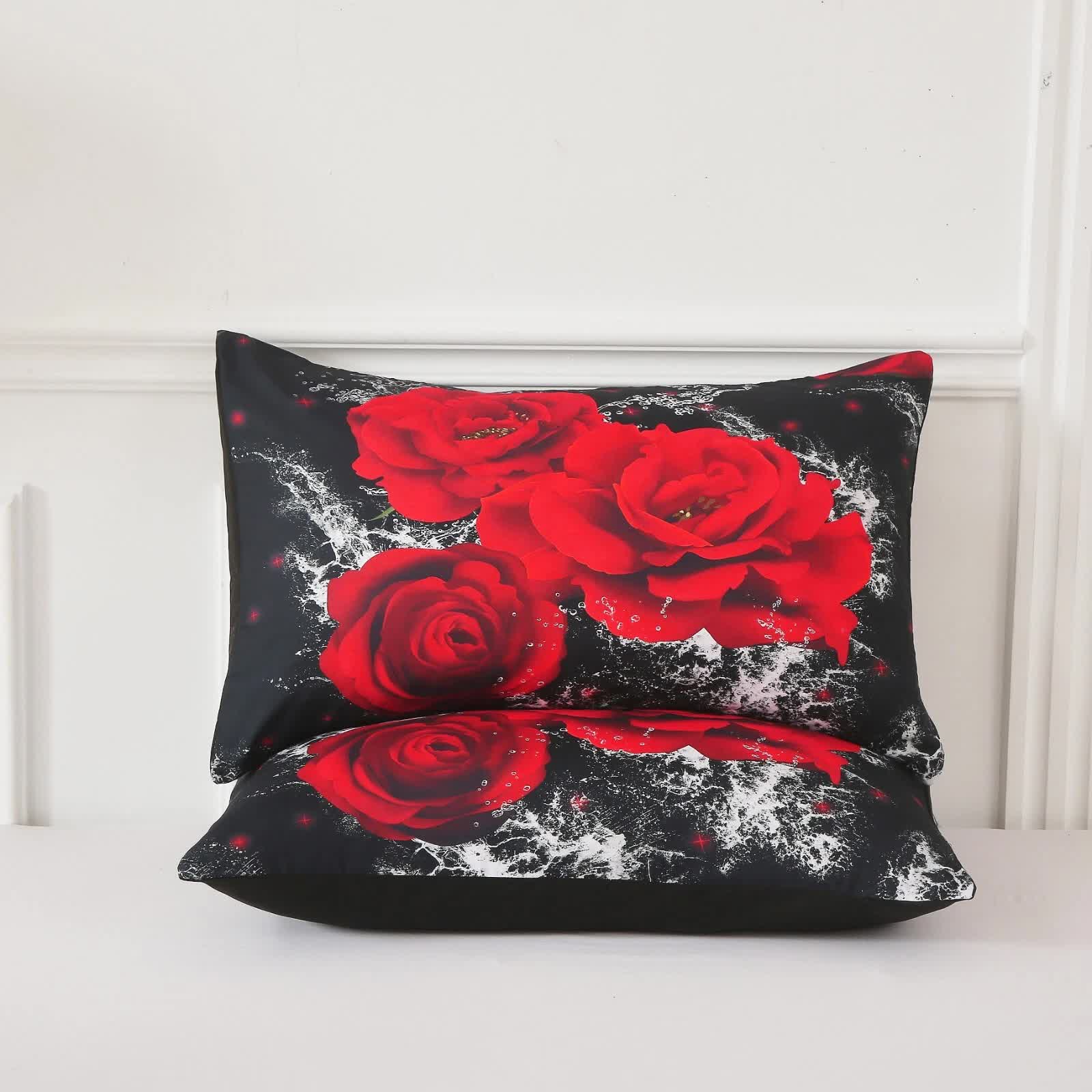 Chill Haven Red Rose 3‑Piece Comforter Bundle – Relax & Recharge Style pillow shams with red rose print on black background