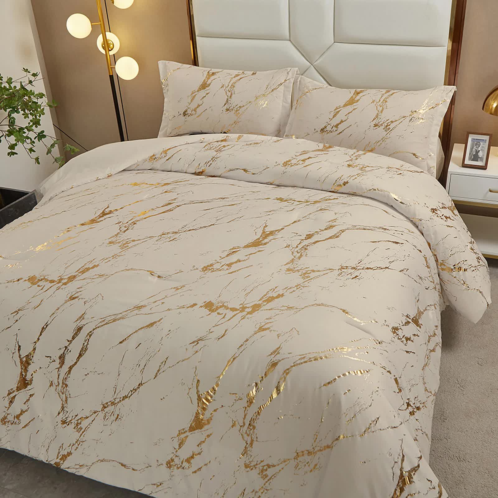 Coastal Drift apricot Comforter Bundle – Breezy 3‑Piece Bedding with gold marbled pattern on a beige bed set in bedroom