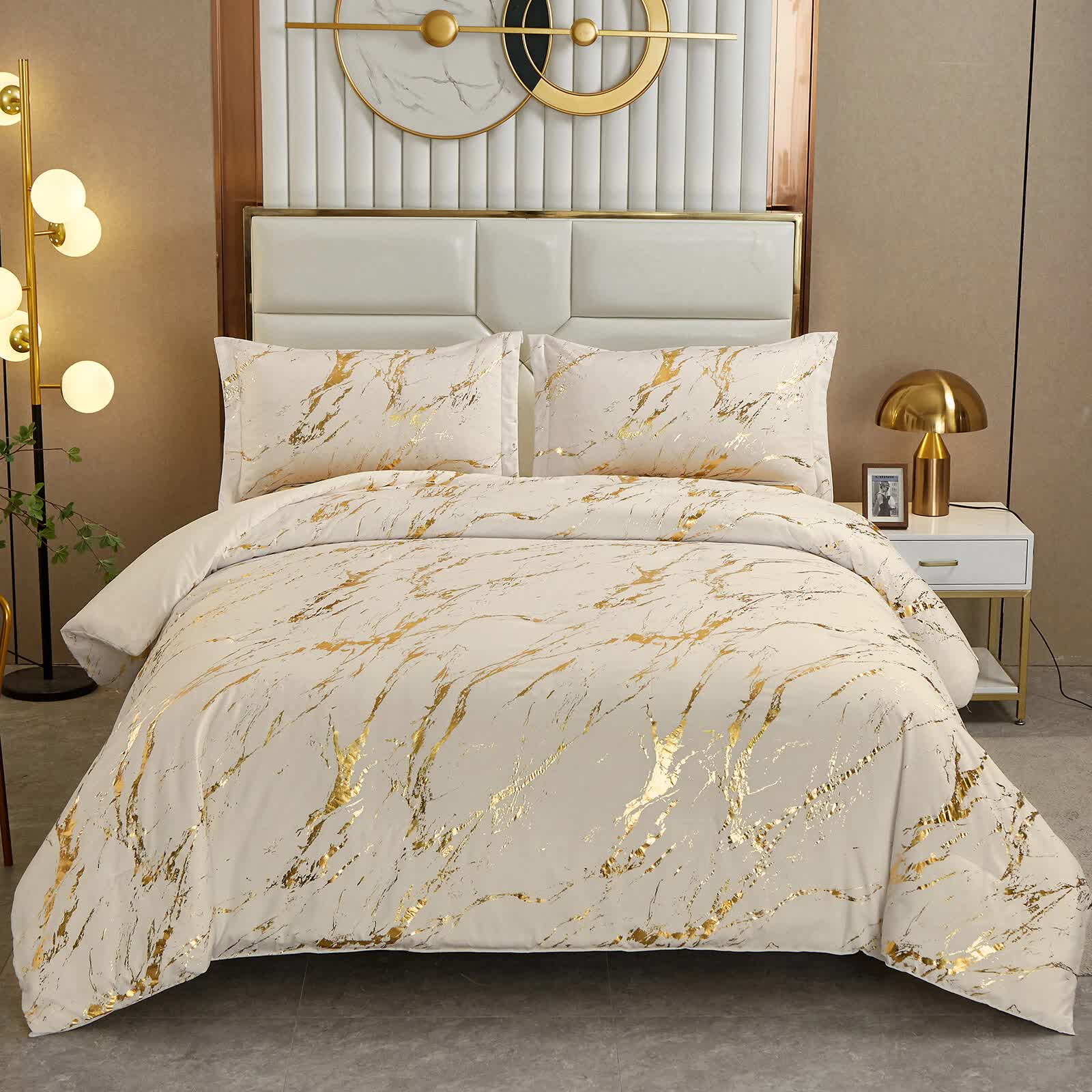 Coastal Drift apricot Comforter Bundle – Breezy 3‑Piece Bedding with gold marble pattern on cream bed set in modern bedroom