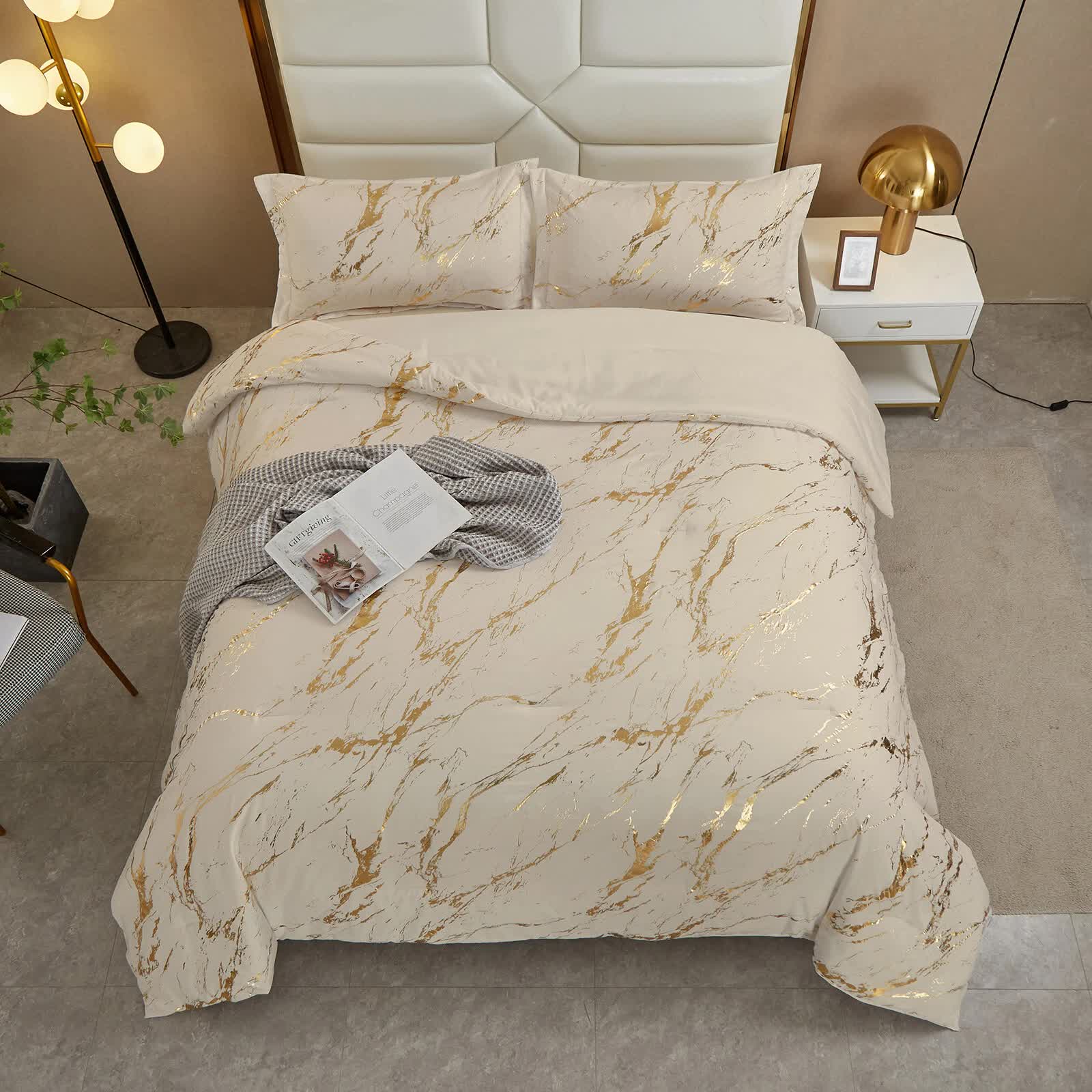 Coastal Drift apricot Comforter Bundle – Breezy 3‑Piece Bedding set on bed with pillows and bedside table