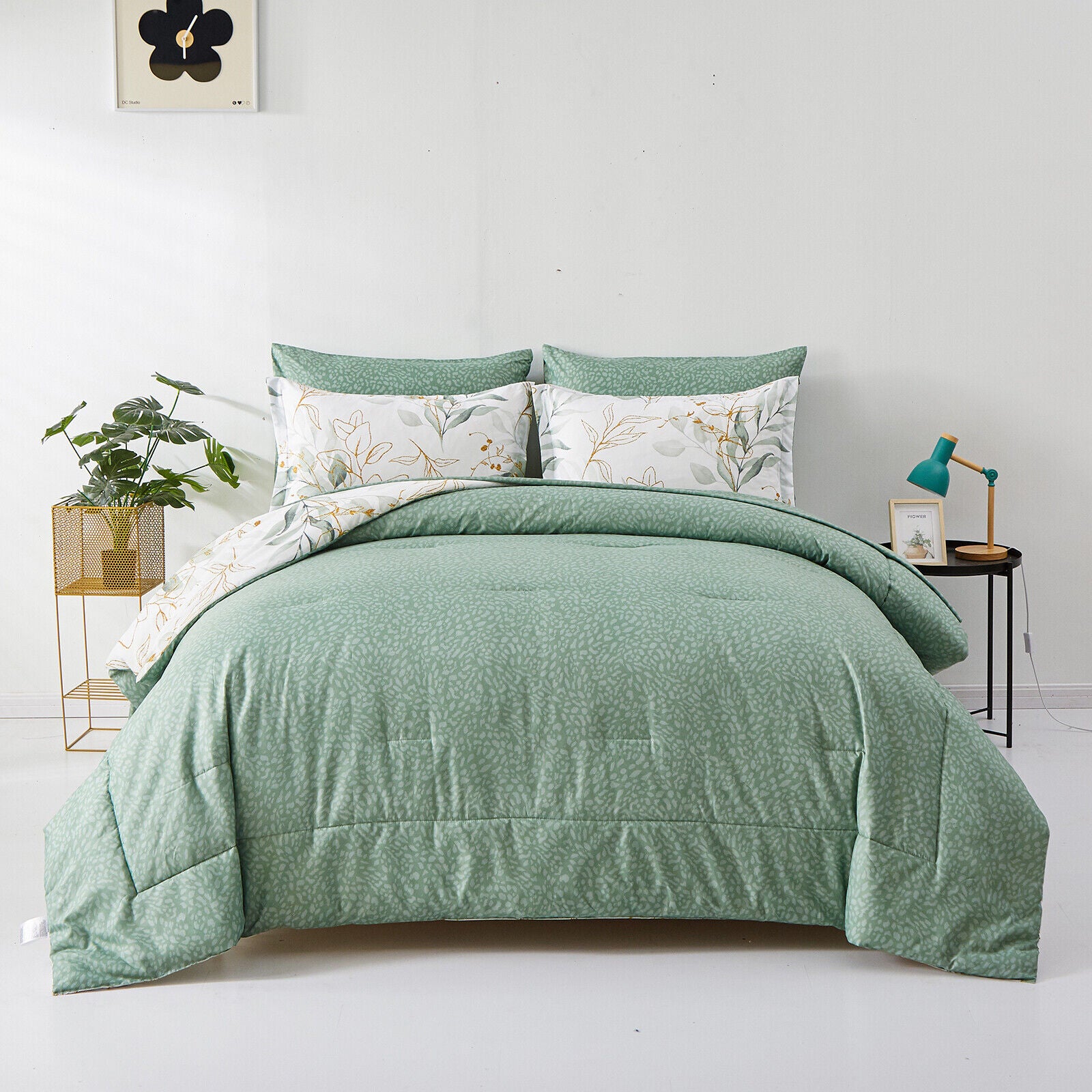 Soft Leaves Comforter Set, King Size, plush quilted bedding with pillowcases on a modern bed with bedroom decor